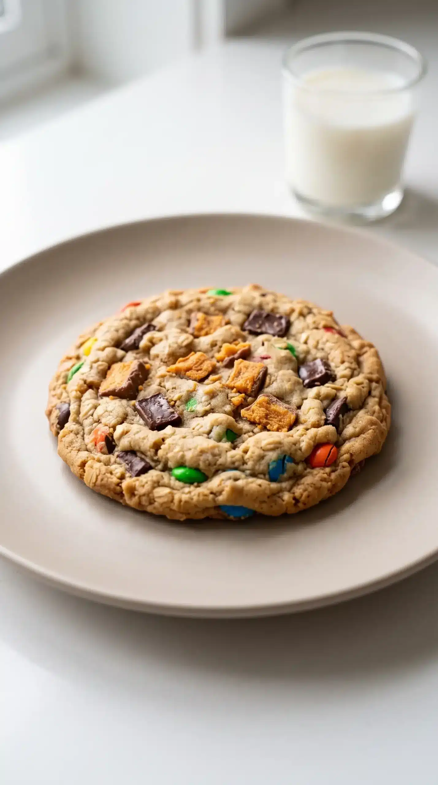 Finished Butterfinger monster cookie served on a plate with visible candy and chocolate pieces