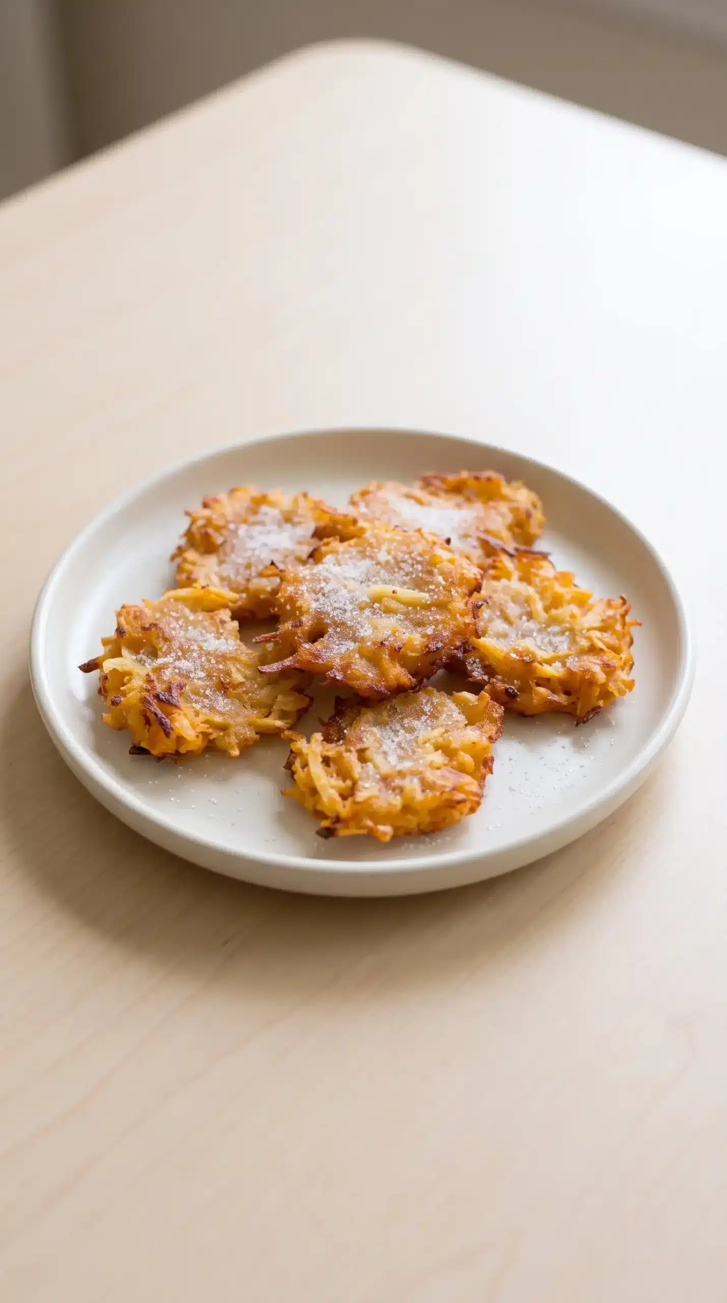 Finished camote tops fritters dusted with sugar on a small serving plate
