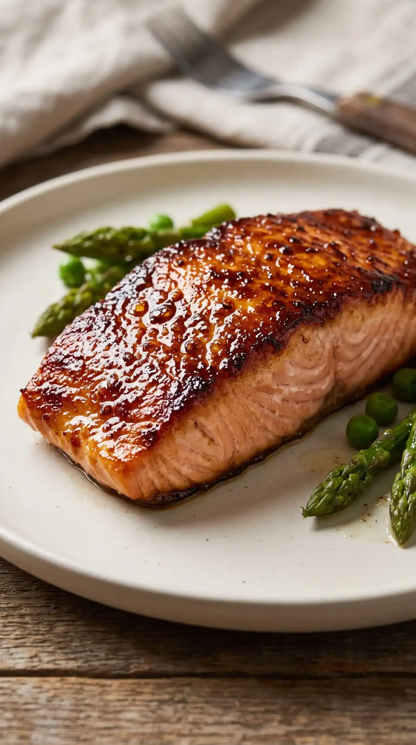 Finished caramelized salmon fillet with golden crust and tender interior on a plate