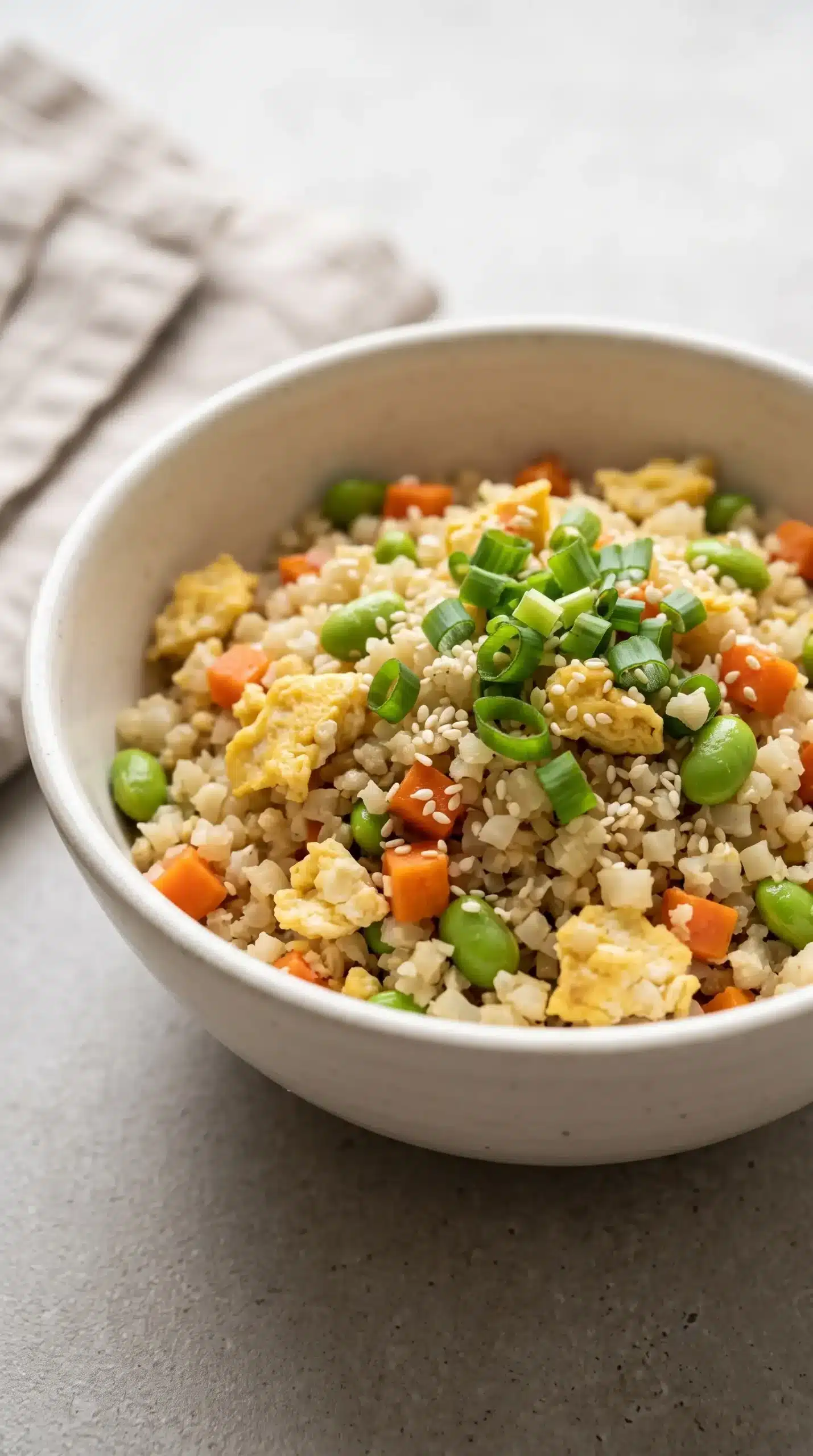 Finished cauliflower fried rice with egg, vegetables, and green onions in a ceramic bowl