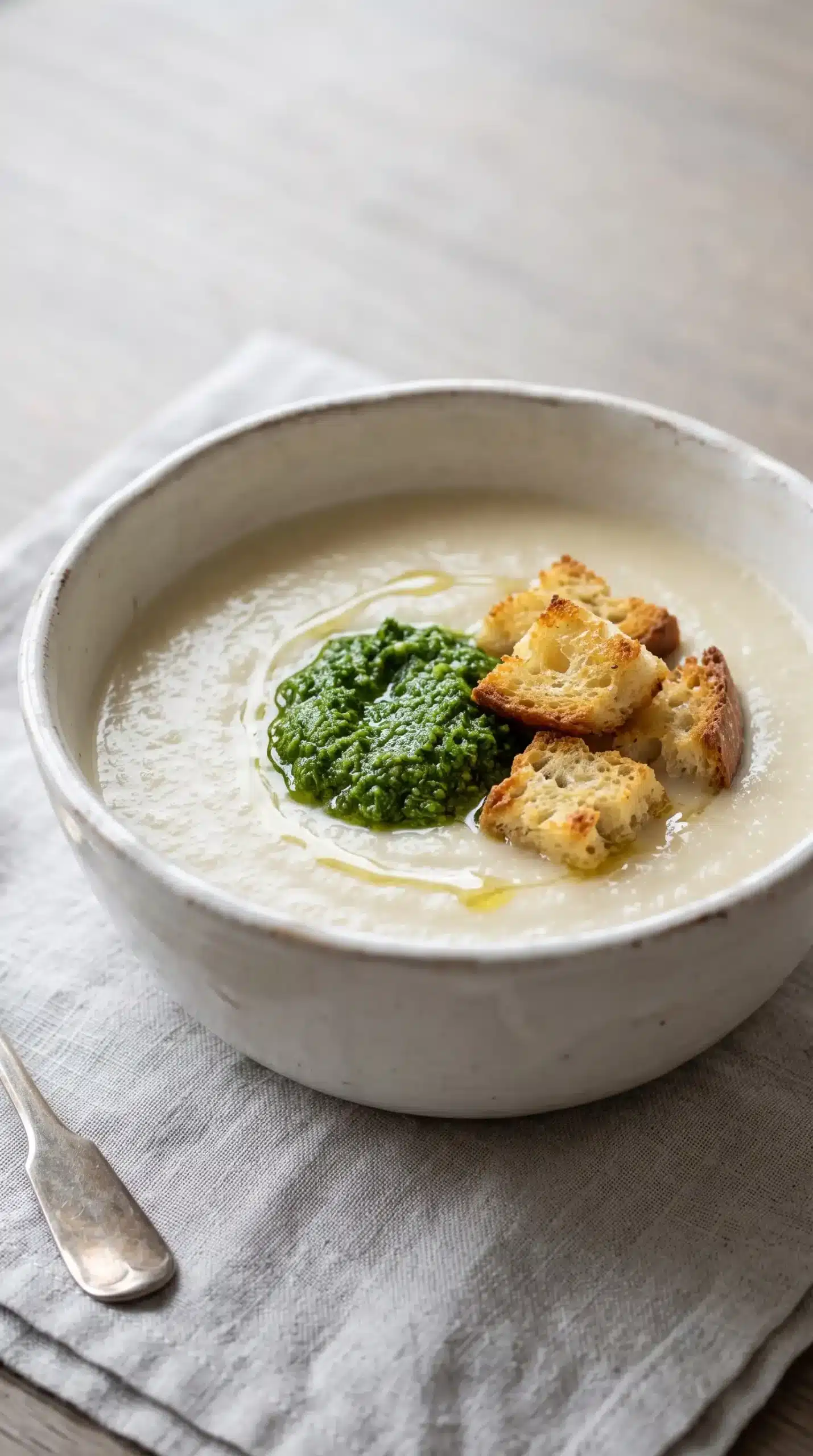 Bowl of cauliflower soup topped with kale pesto, croutons, and truffle oil