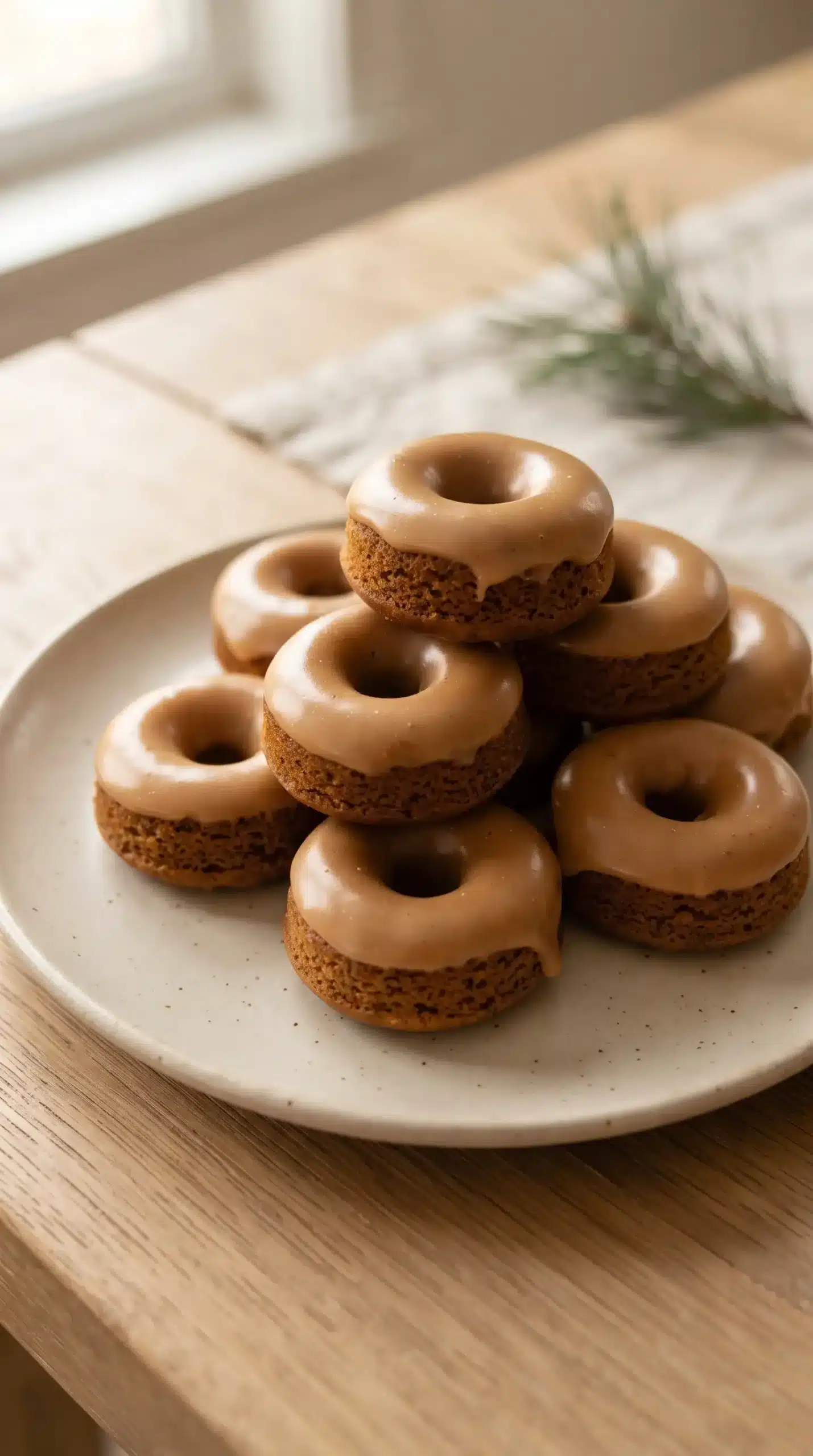 Glazed gingerbread mini donuts arranged on a plate for serving