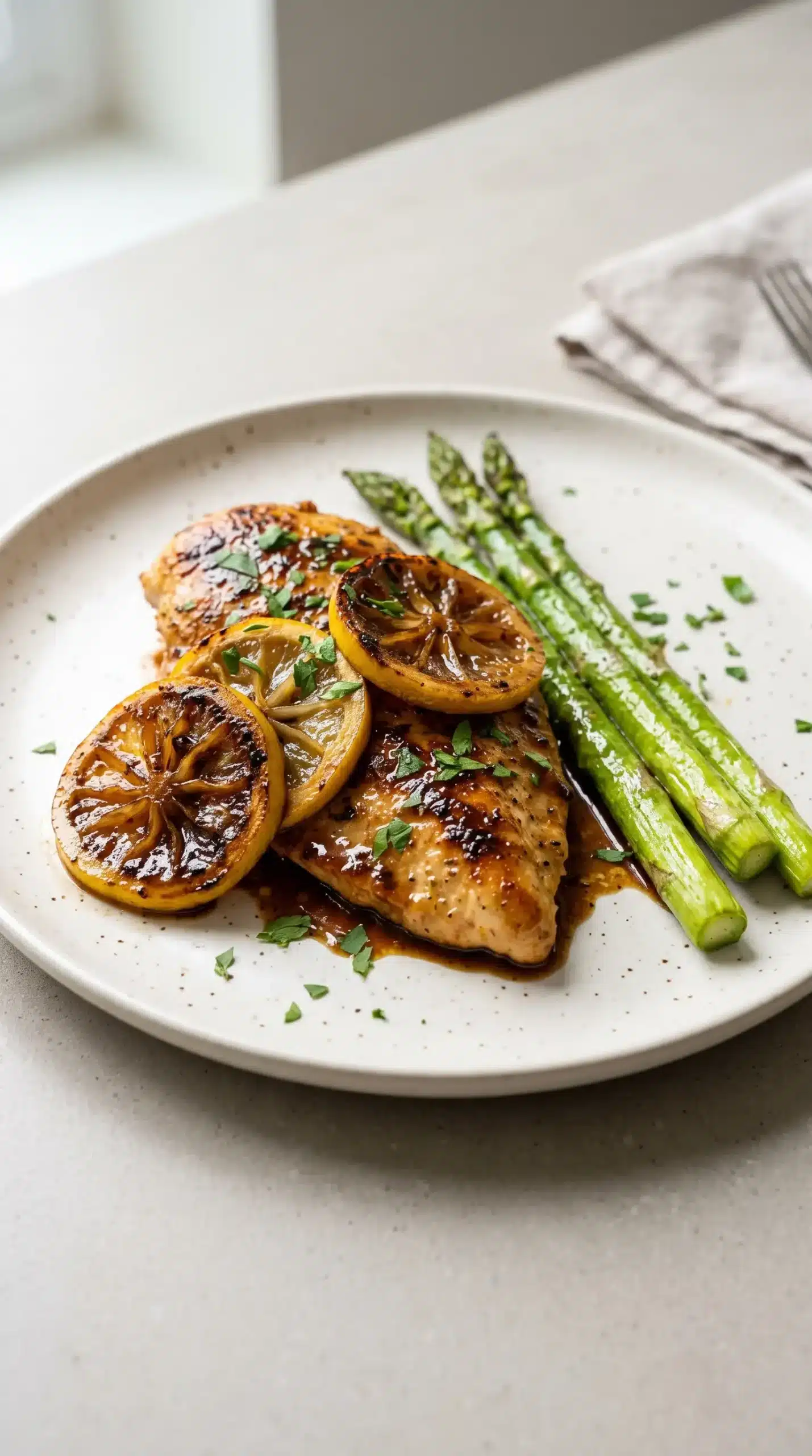 Finished lemon chicken with asparagus and caramelized lemon slices on a plate