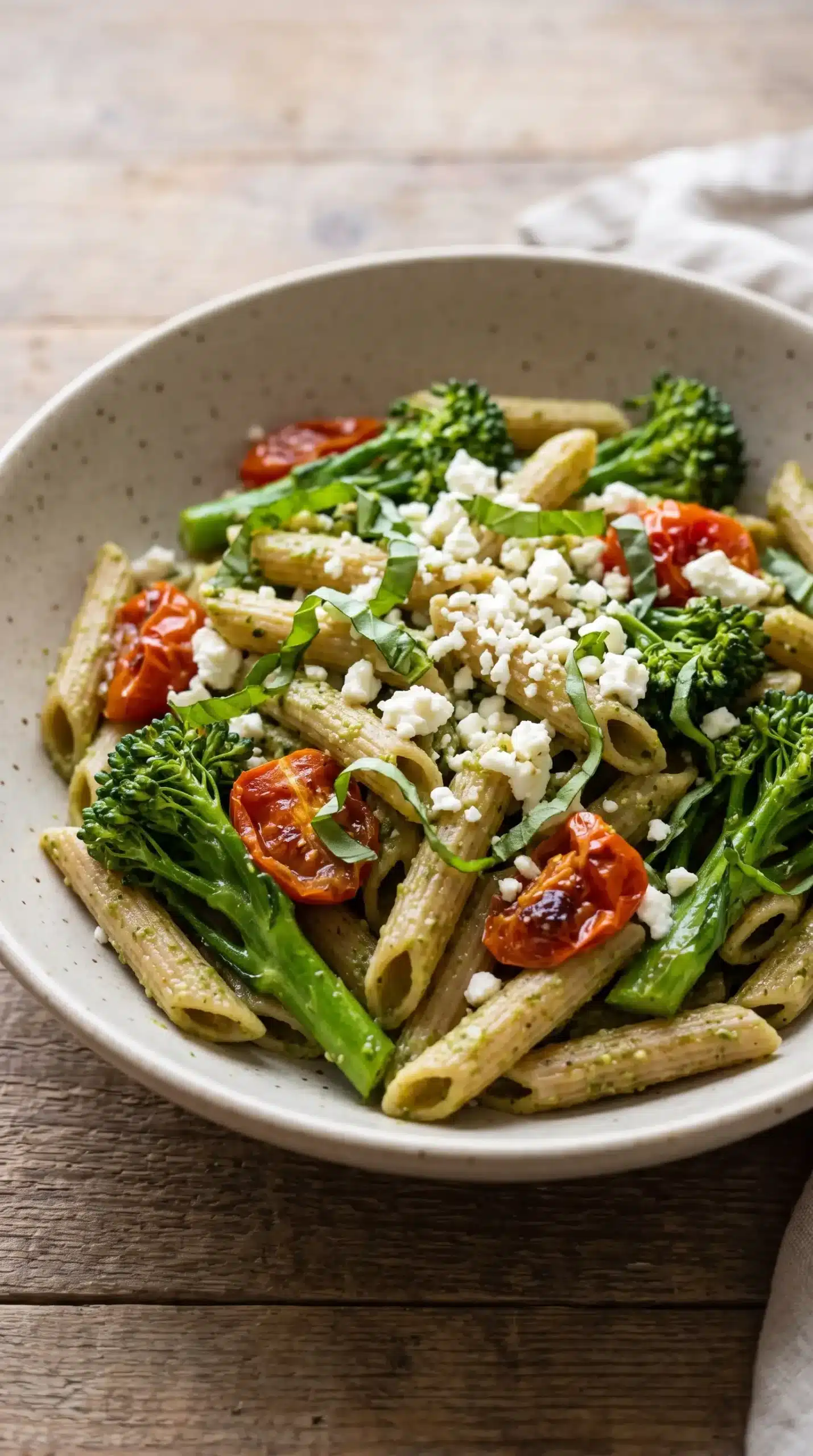 Finished lemon pesto penne with basil, feta, roasted tomatoes, and green vegetables