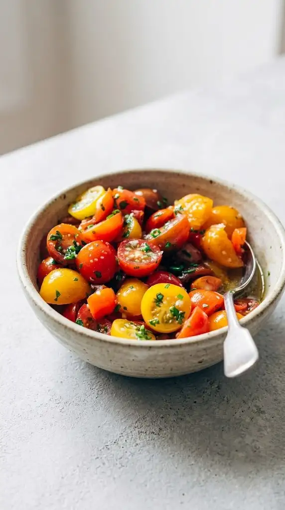 Finished marinated tomatoes with herbs and olive oil served in a small bowl