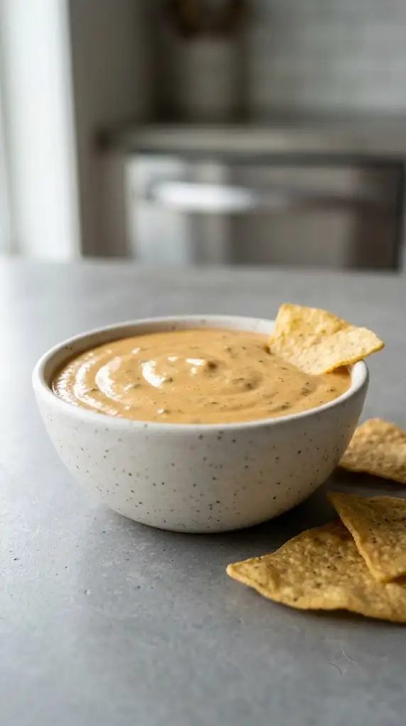Bowl of creamy vegan queso dip with tortilla chips ready for serving