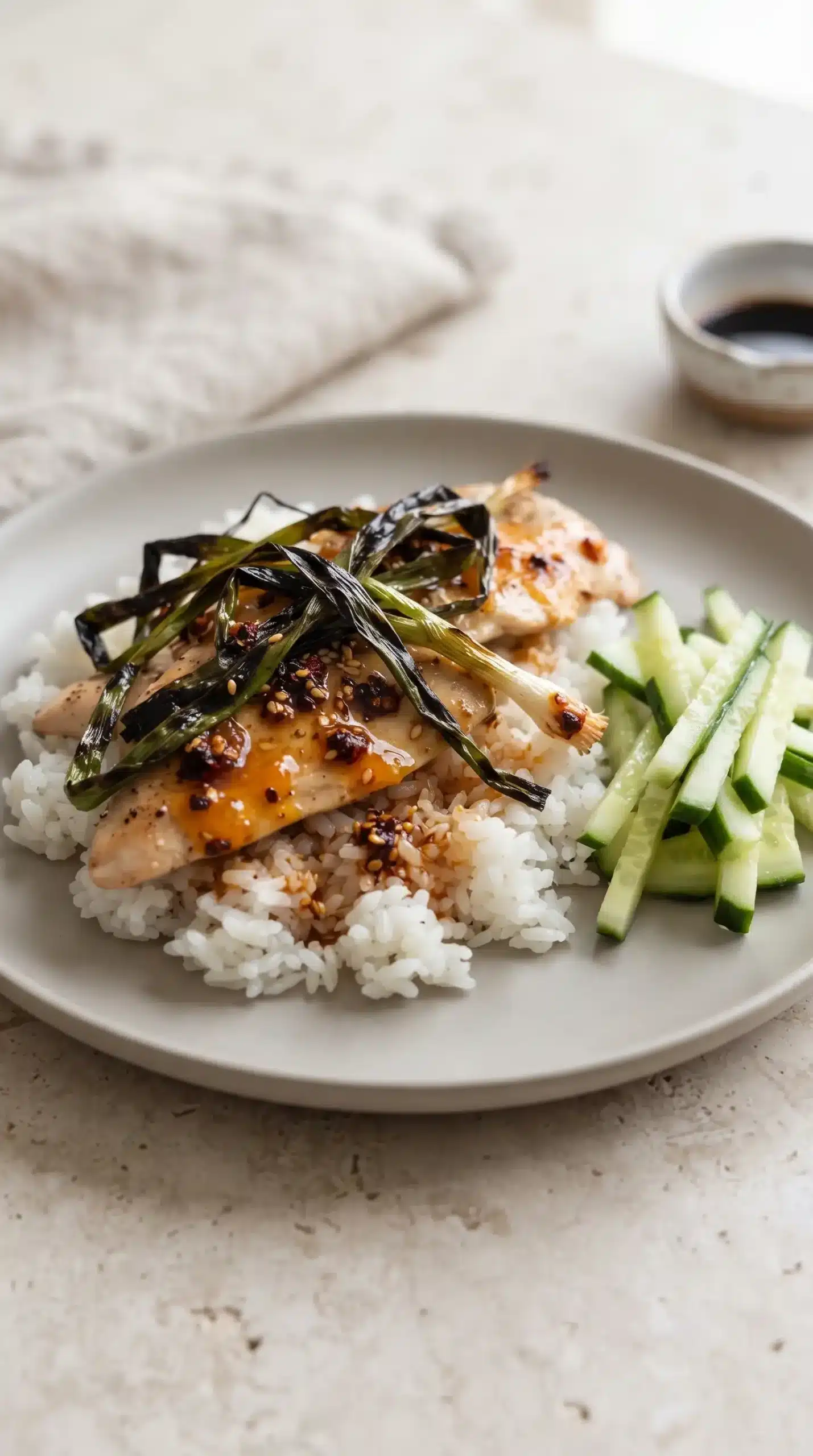 Sesame apricot chicken served over white rice with chili crisp and charred scallions