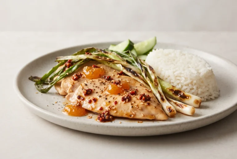 Sesame apricot chicken with chili crisp, charred scallions, rice, and cucumber on a plate