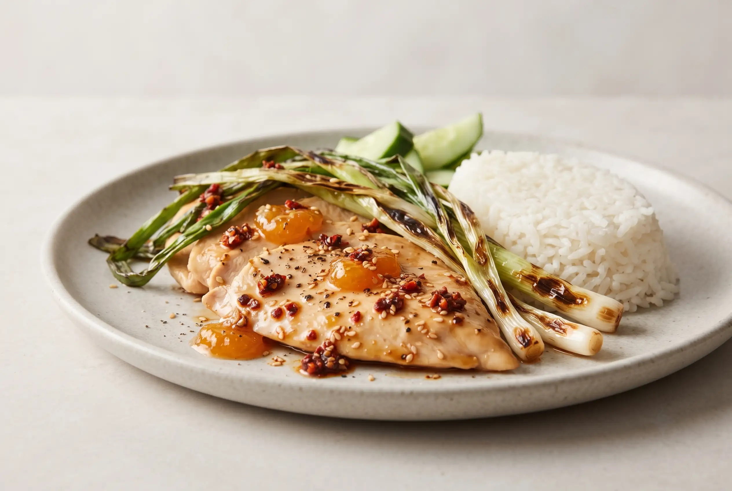 Sesame apricot chicken with chili crisp, charred scallions, rice, and cucumber on a plate