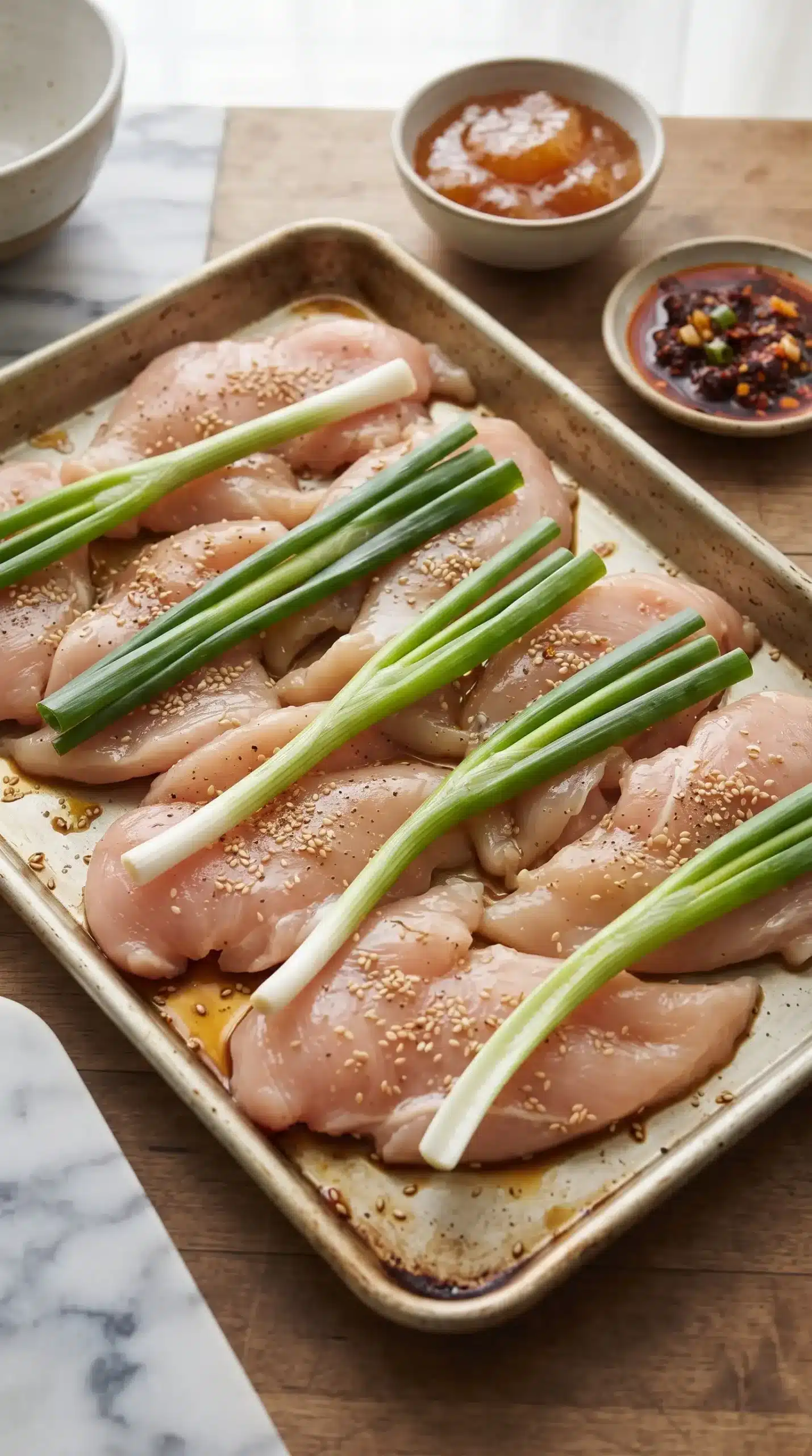 Raw chicken breast with sesame oil, soy sauce, scallions, apricot preserves, and chili crisp nearby