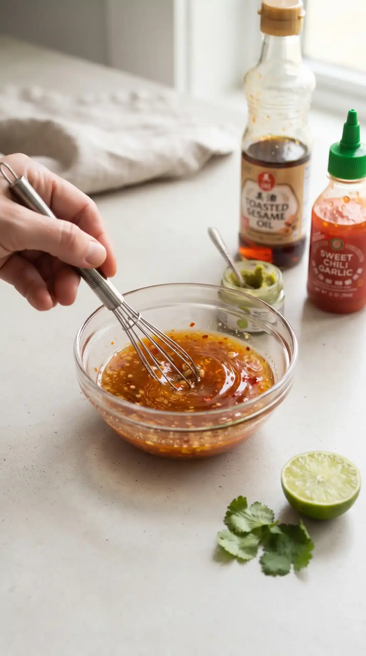 Sweet chili garlic sesame vinaigrette whisked together for Asian chicken salad
