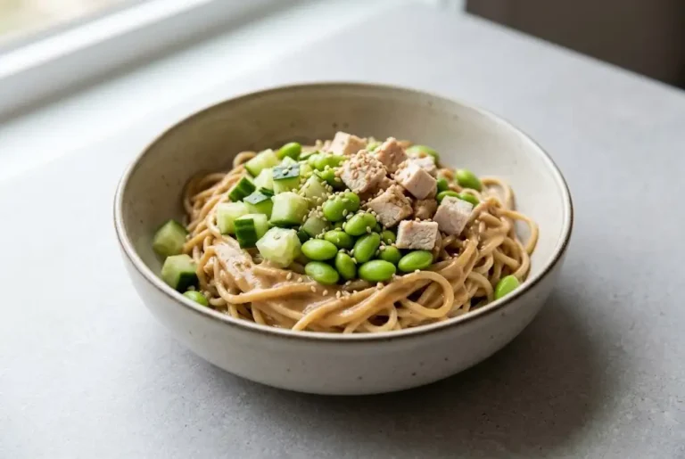 Sesame noodle bowls with tahini sauce, cucumber, edamame, chicken, and sesame seeds in a ceramic bowl