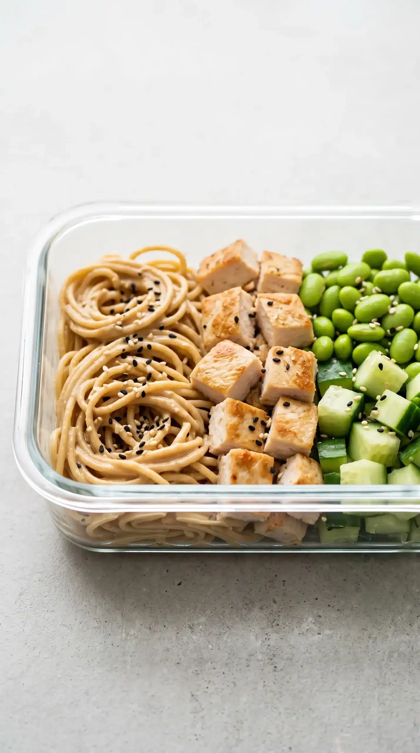 Meal prep container with sesame noodles, tahini sauce, cucumber, edamame, and chicken