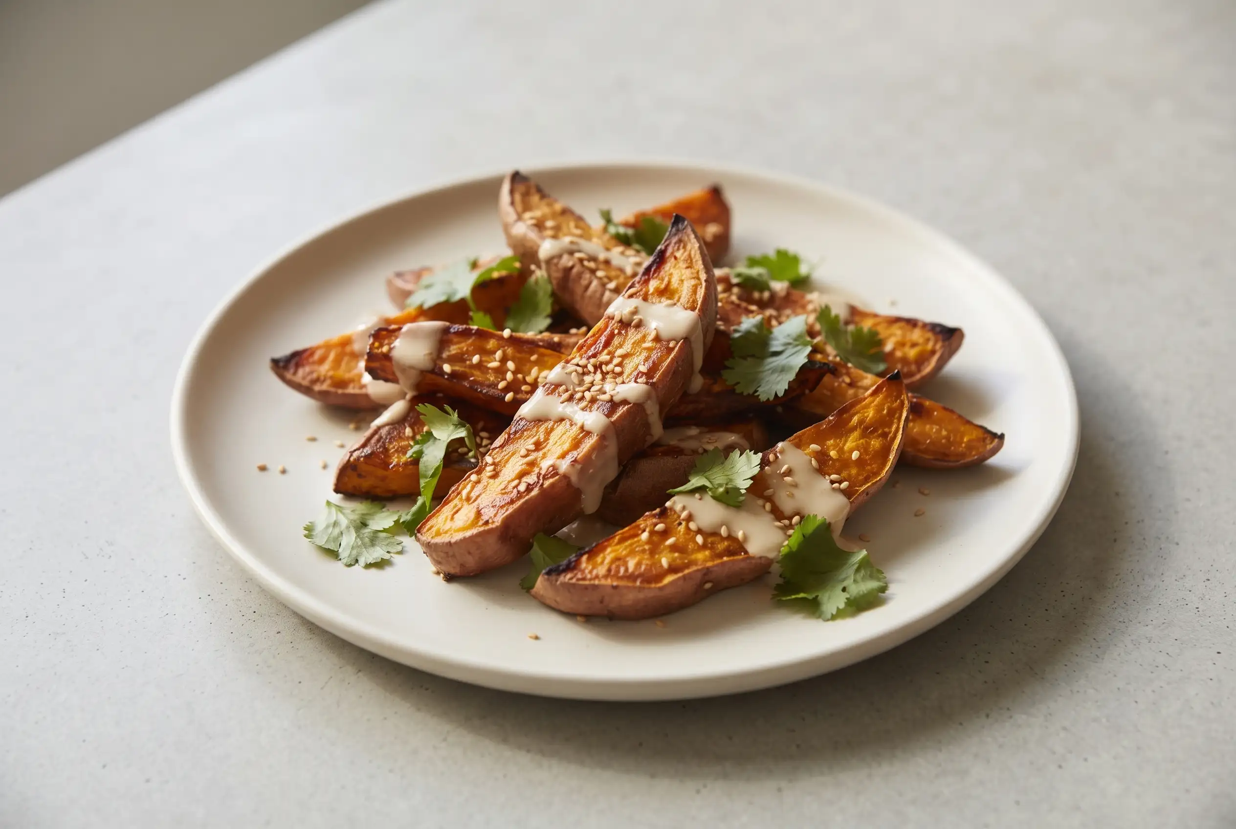 Sesame roasted sweet potatoes with tahini drizzle, sesame seeds, and cilantro on a ceramic plate