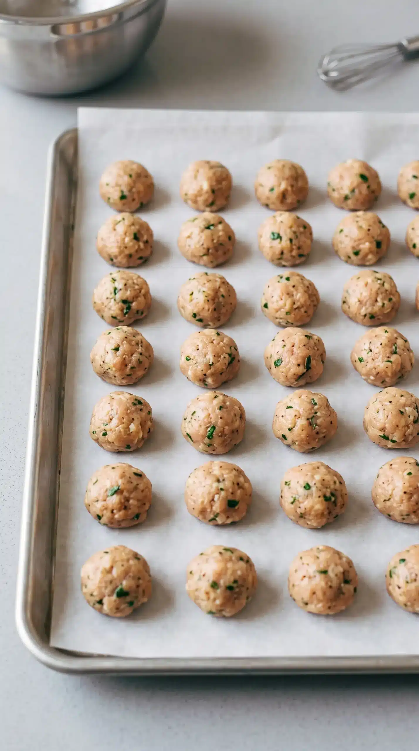 Shaped chicken meatballs arranged on a lined baking sheet before baking