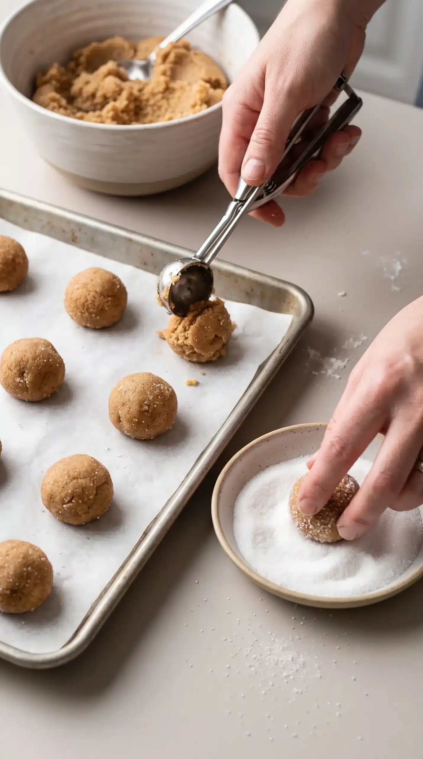 Cookie scoop shaping brown sugar cookie dough balls coated in white sugar