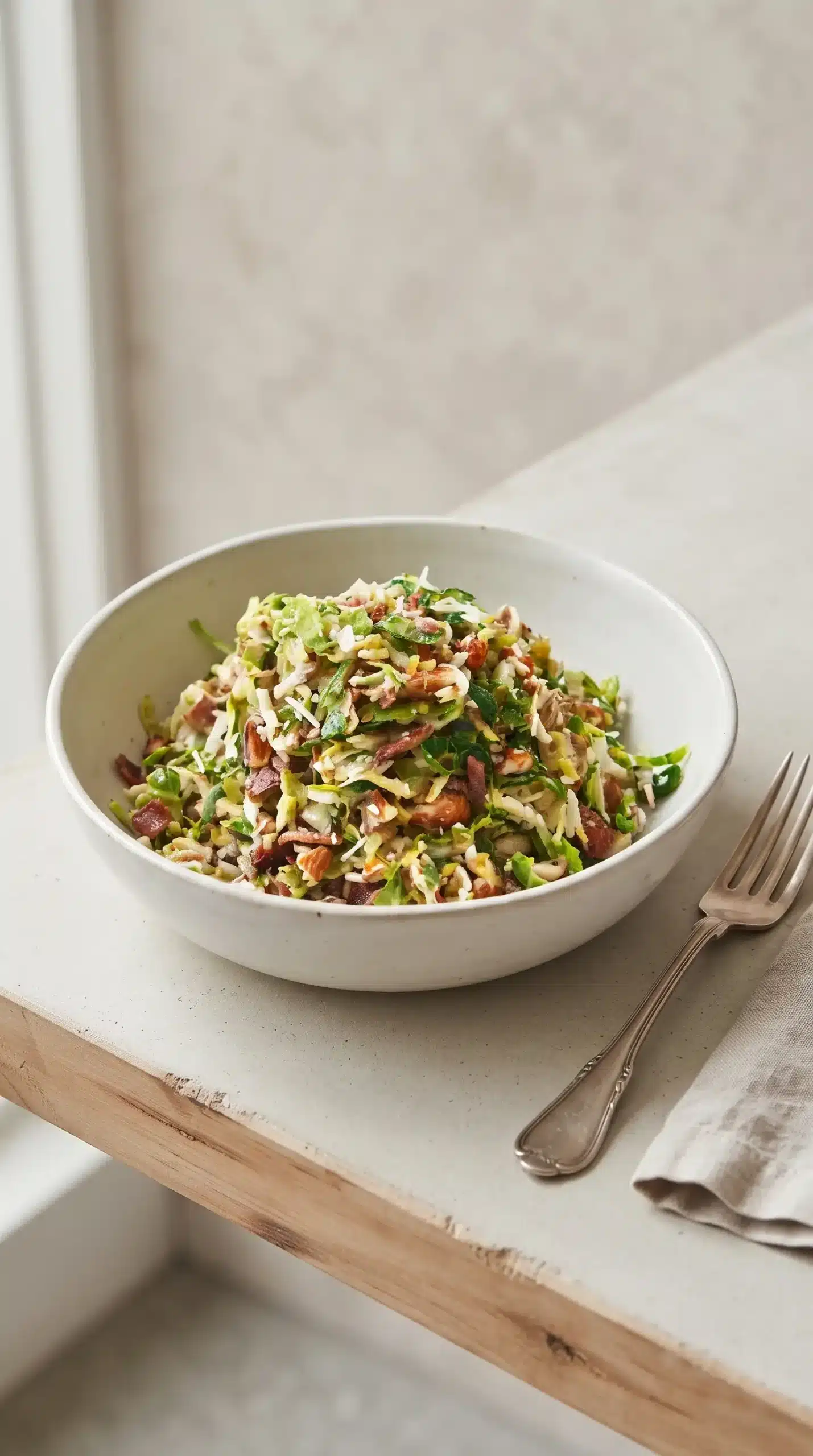 Brussels sprout salad topped with bacon, almonds, and Pecorino cheese
