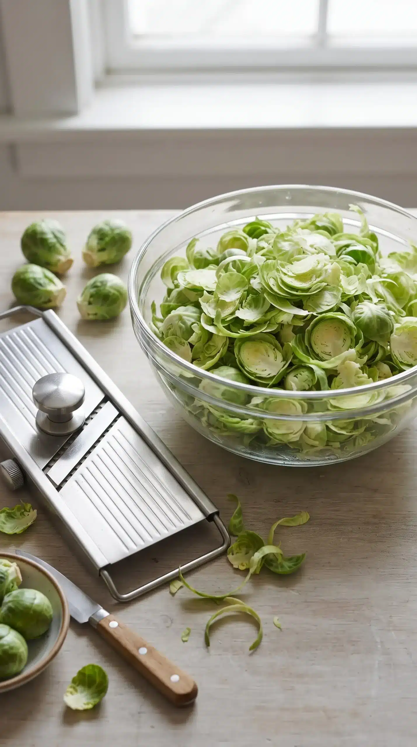 Thinly shaved Brussels sprouts prepared for a brussels sprout salad in a bowl