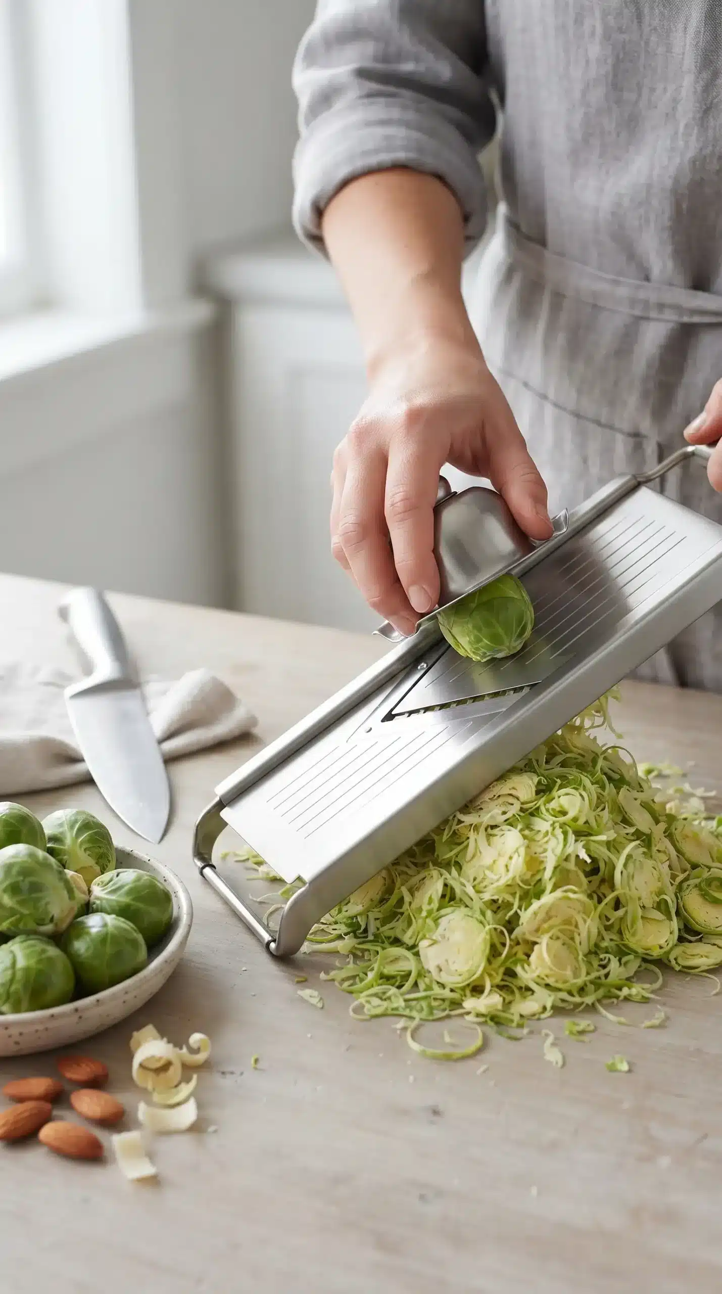 Fresh Brussels sprouts shaved into thin slices for salad preparation
