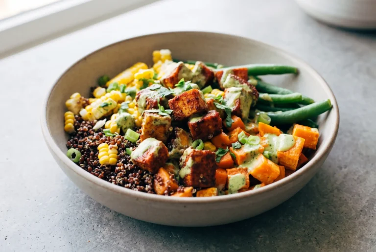 Sheet pan BBQ tofu bowl with roasted vegetables and smoky seasoned tofu cubes