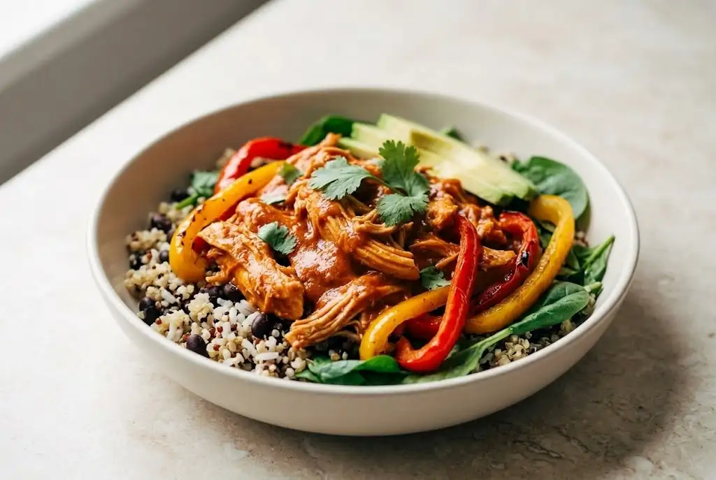 Chicken tinga bowls with shredded chicken, chipotle tomato sauce, roasted peppers, and rice