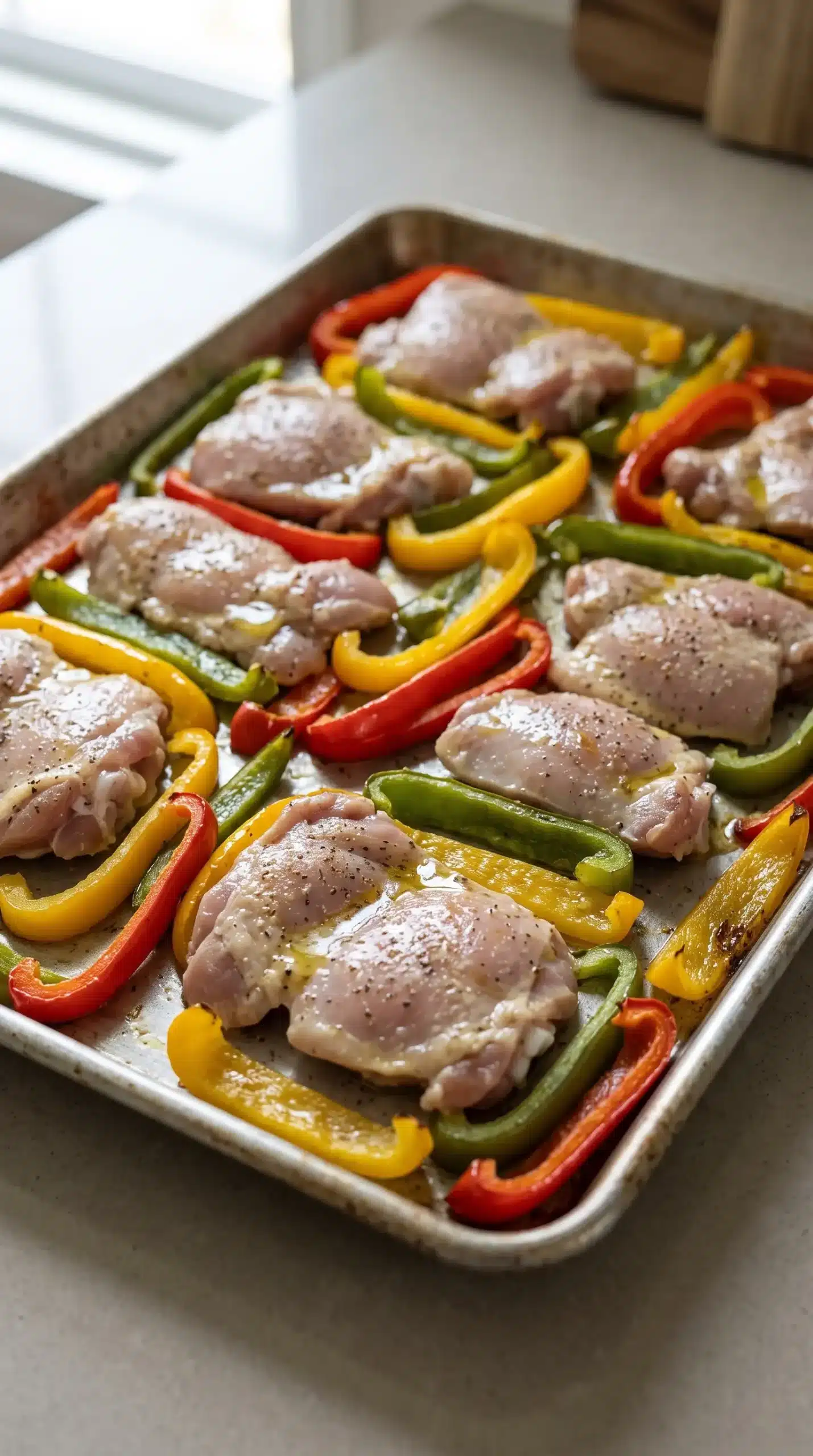 Chicken thighs and bell peppers roasting together on a sheet pan