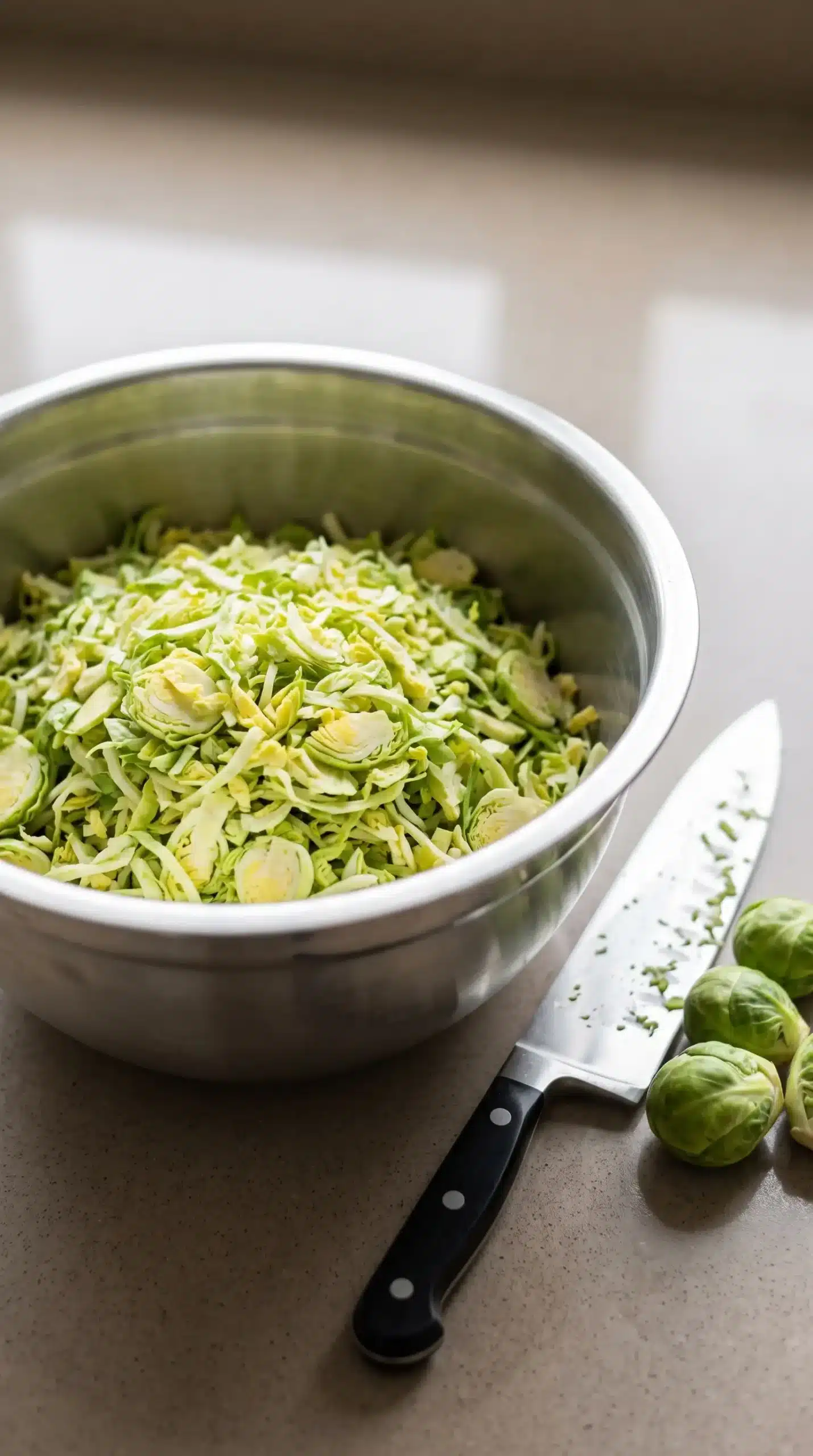 Professional food photography close-up of shredded Brussels sprouts being prepared for Brussels sprouts tacos. Show a large stainless steel mixing bowl filled with thin, even shreds of fresh Brussels sprouts beside a chef's knife and a few whole Brussels sprouts on a simple neutral kitchen surface. The focus is on the fine shredded texture and preparation stage, not a finished taco. Natural soft window light, realistic vegetable texture, minimal props, no wooden boards, no dramatic styling.