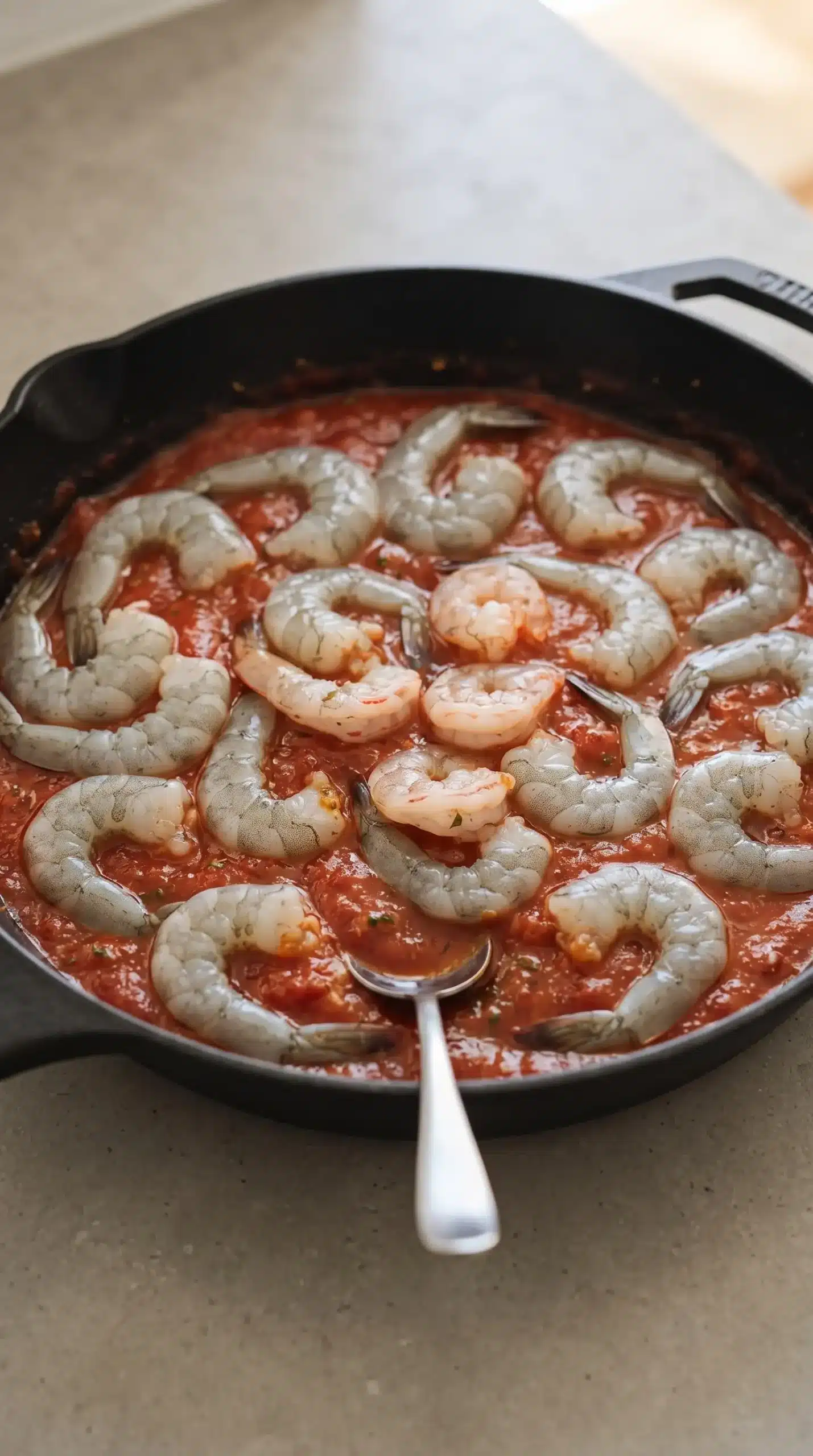 Shrimp cooking in tomato sauce before adding feta topping