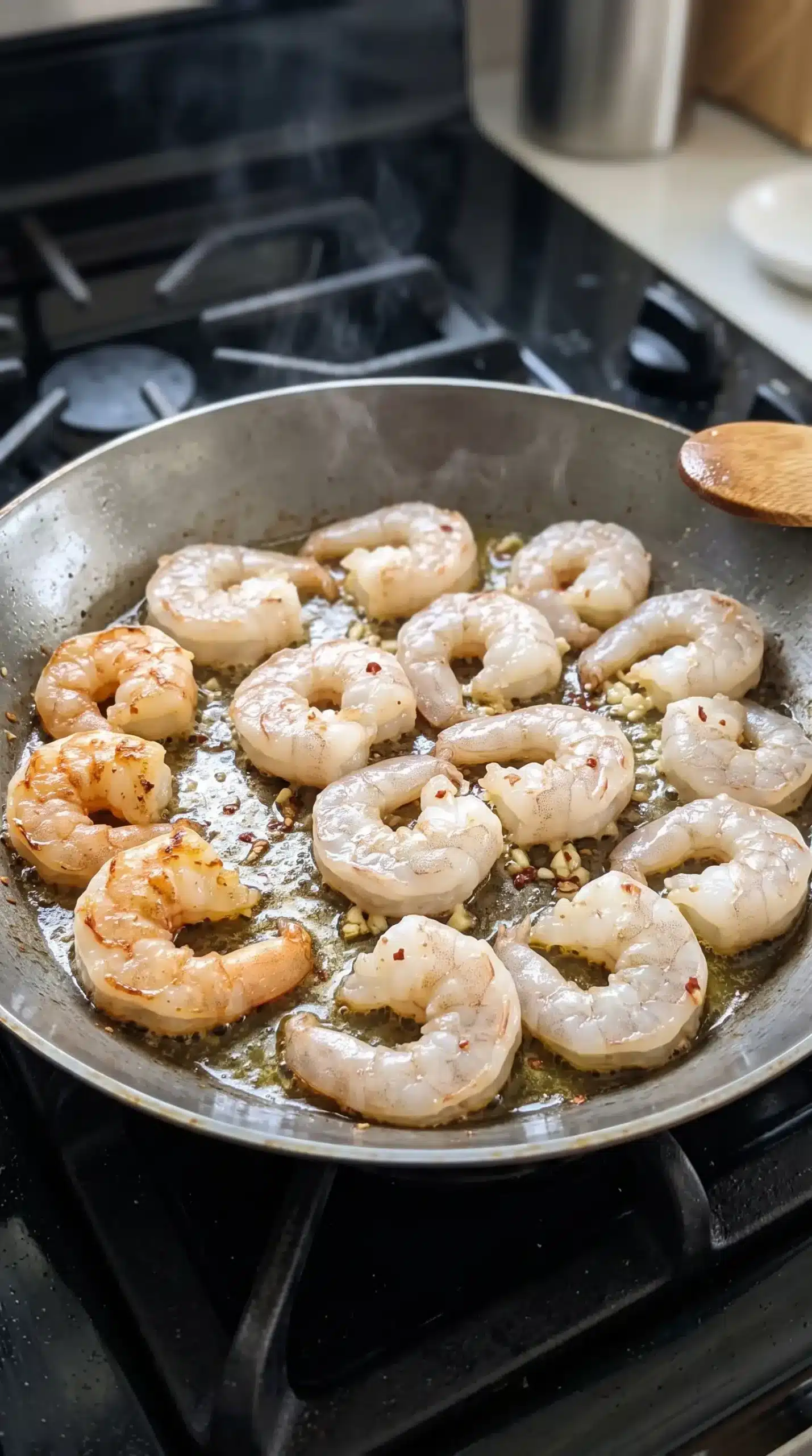 Shrimp cooking in a skillet during the searing stage for shrimp scampi