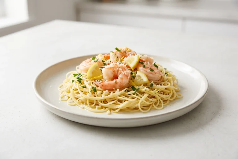 Shrimp scampi with lemon and garlic pasta topped with shrimp, parsley, lemon pieces, and Parmesan