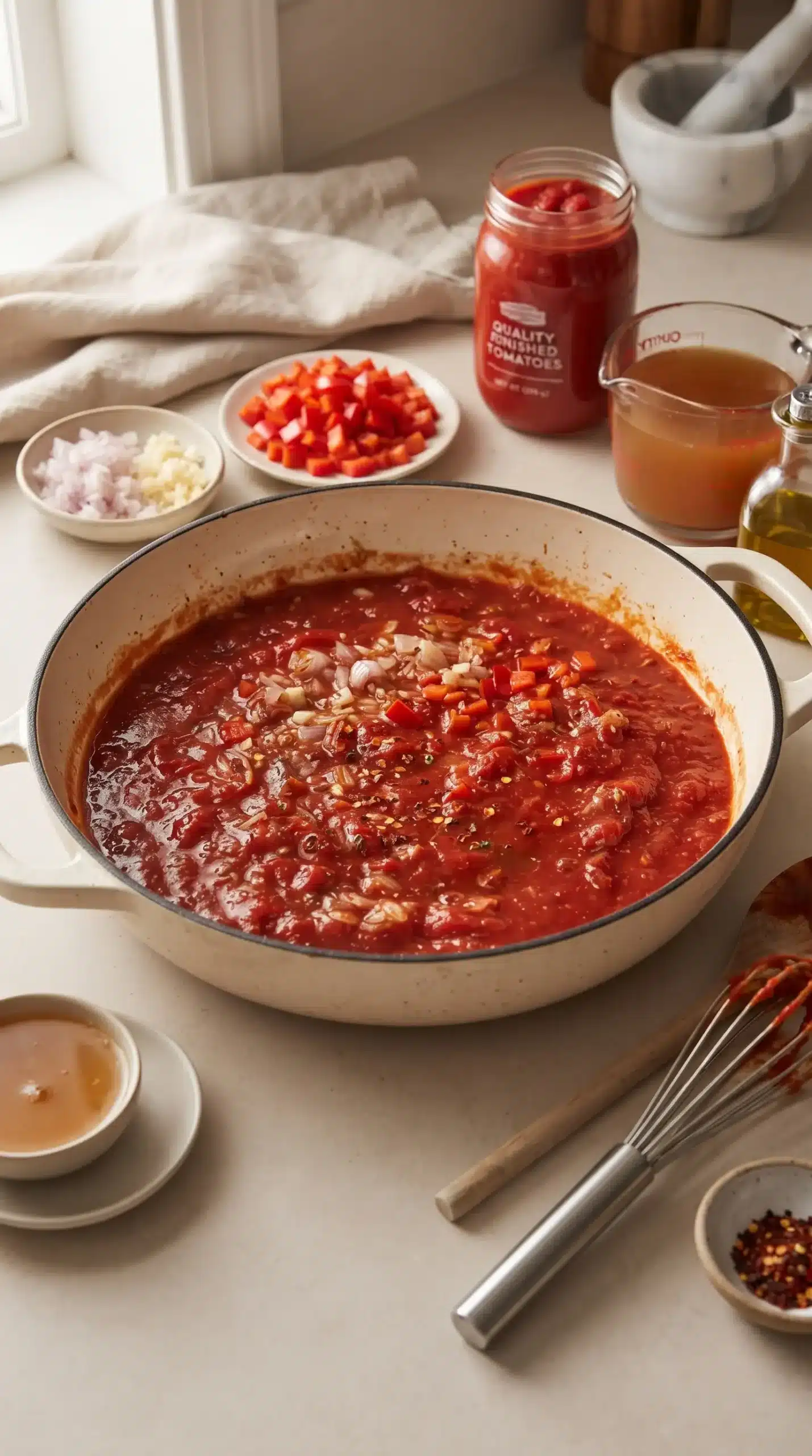Tomato sauce base with shrimp ingredients cooking in a skillet