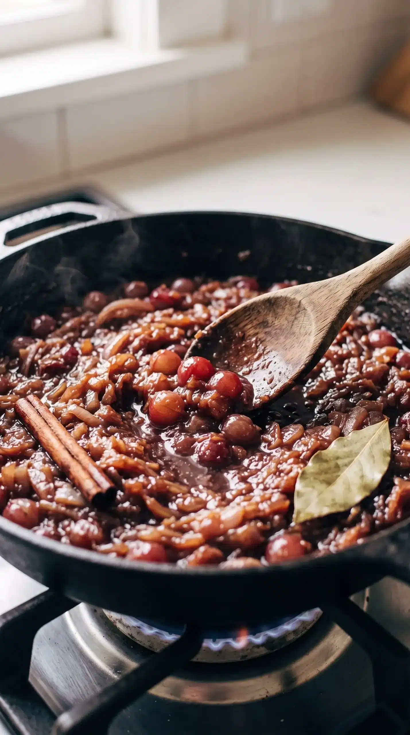 Grape chutney simmering with caramelized shallots, grapes, wine, and spices in a skillet