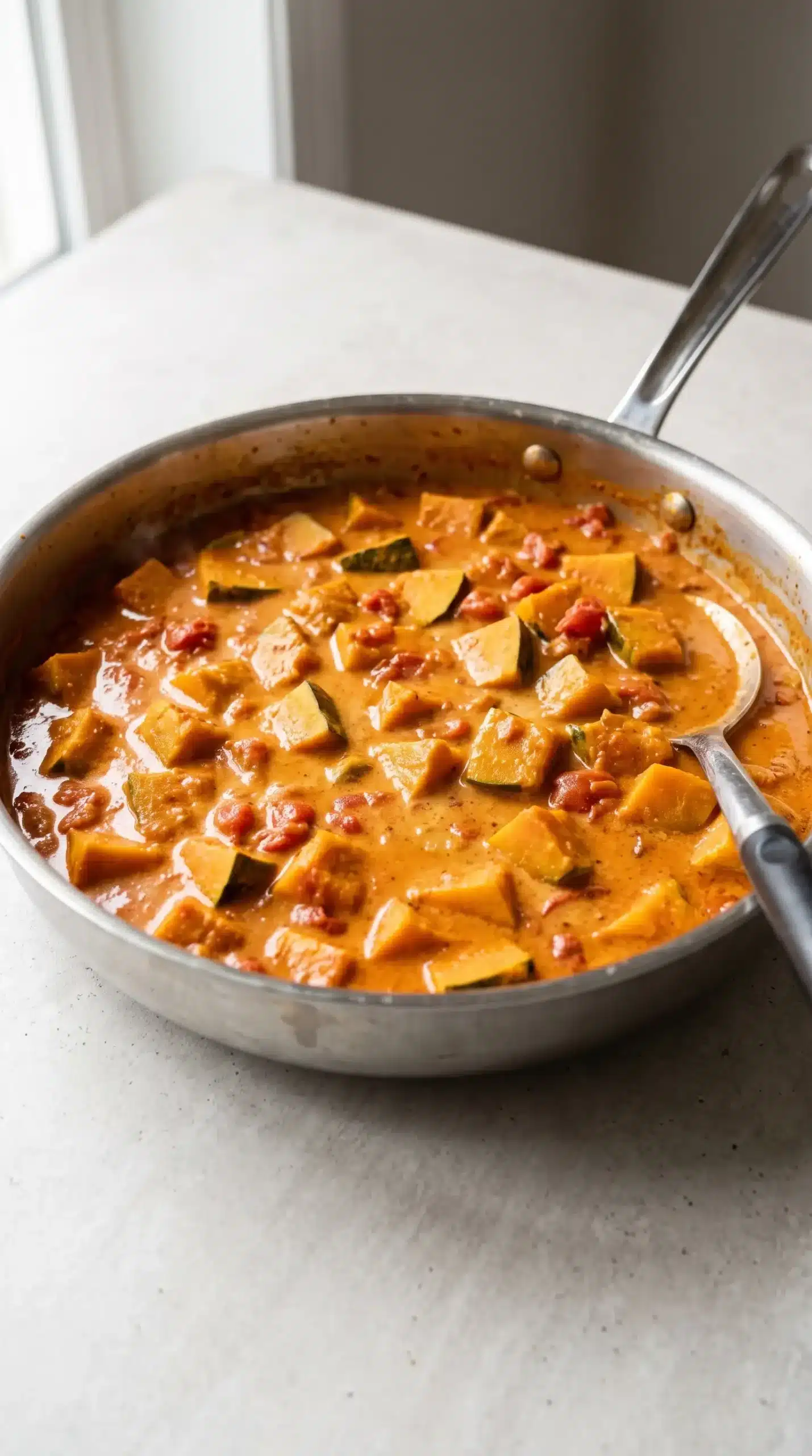 Kabocha squash simmering in a coconut curry sauce with tomatoes and spices