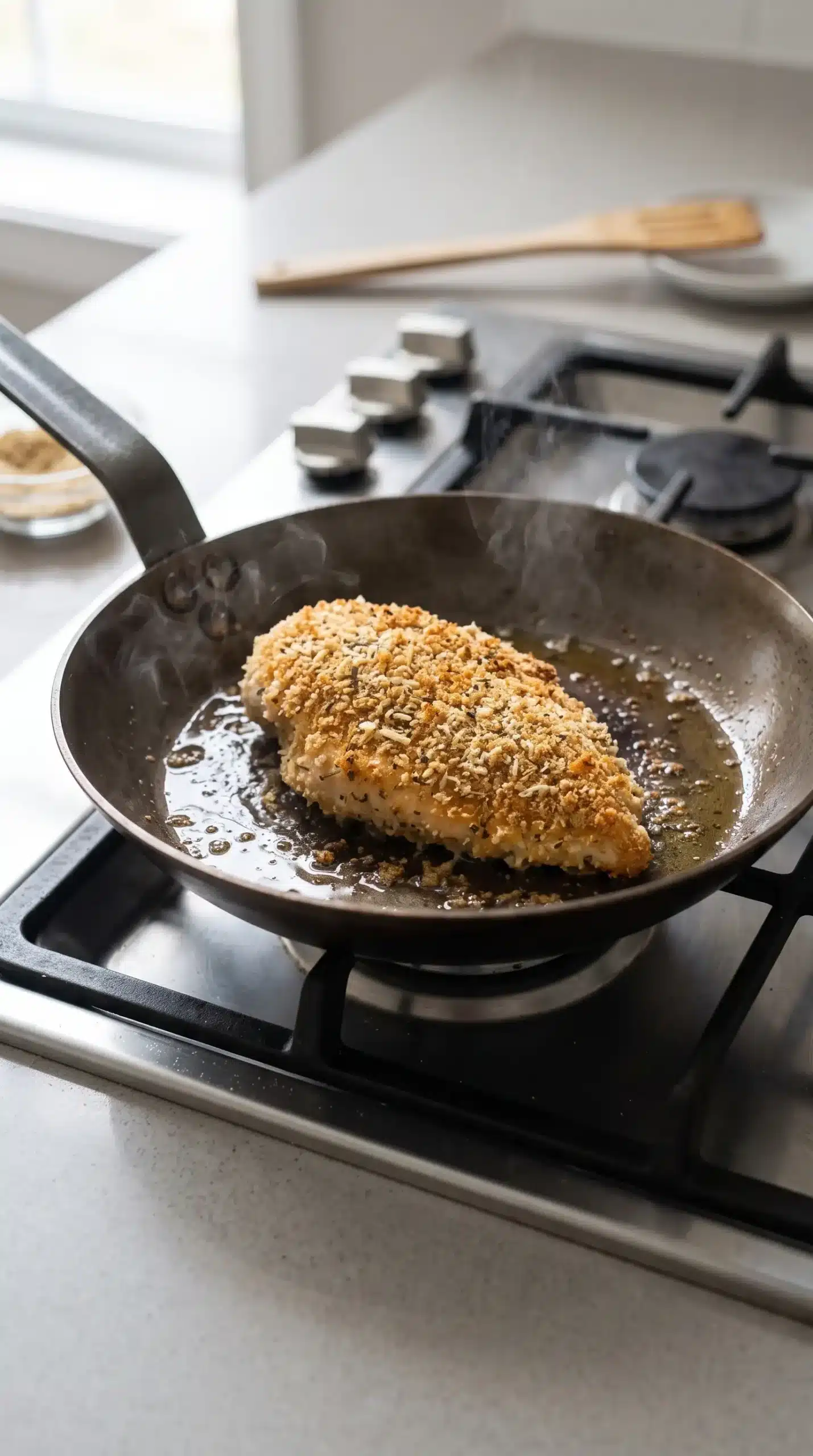 Breaded chicken breast browning in a skillet for chicken parmesan