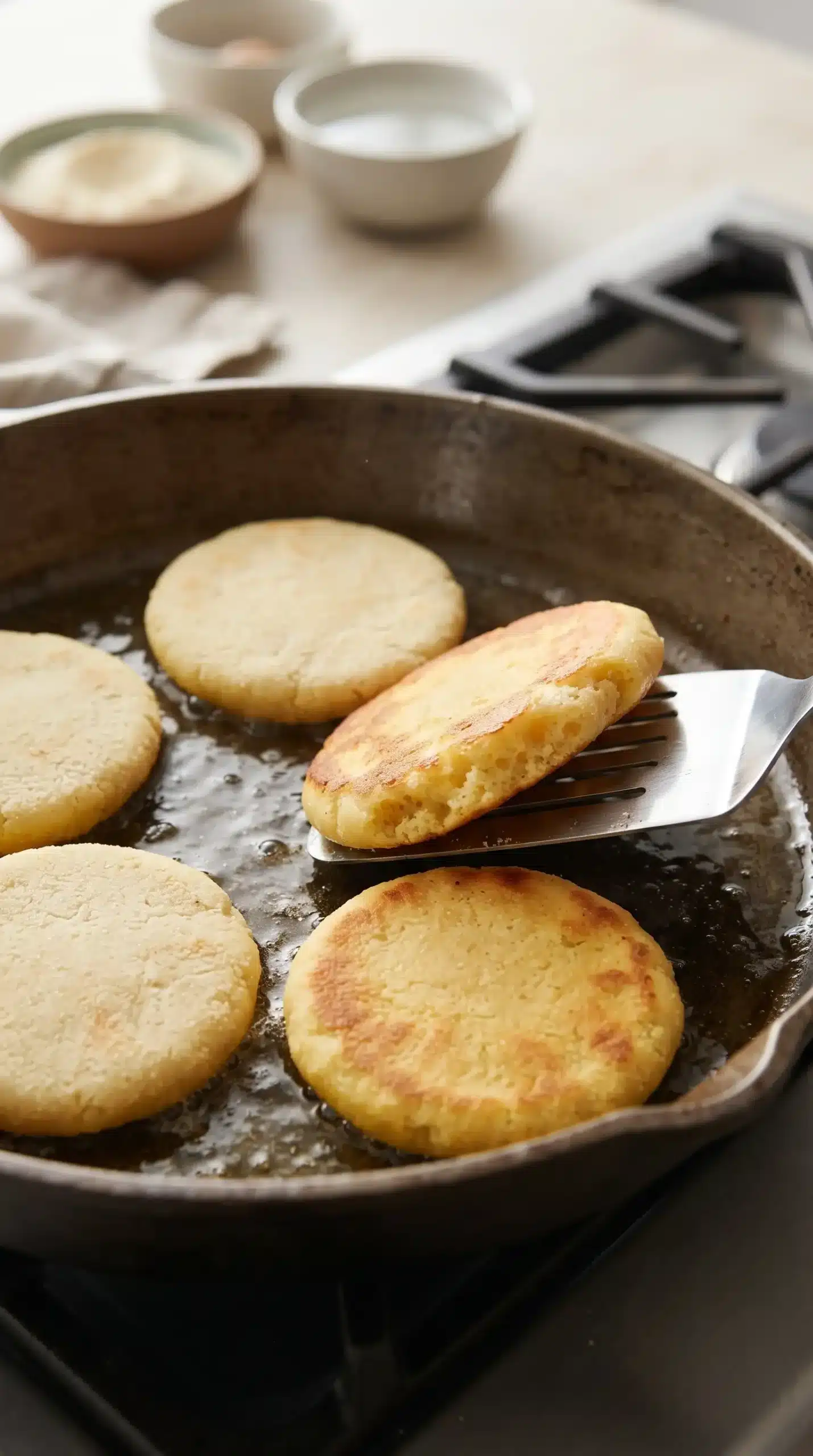 Cornmeal arepas cooking in a skillet until the exterior becomes crisp and golden
