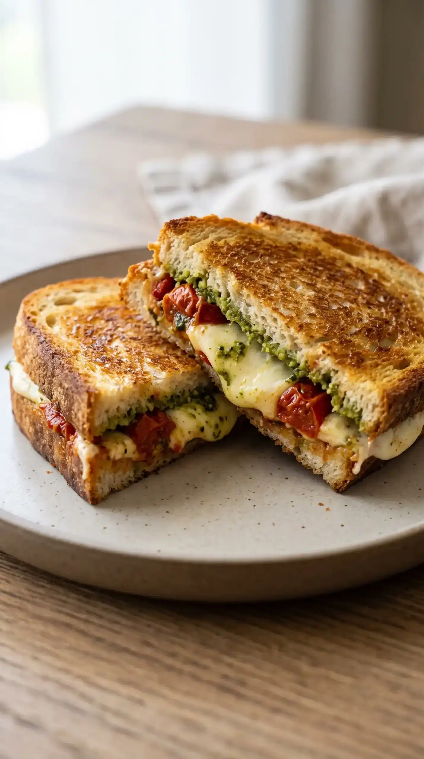 Sliced caprese grilled cheese with crisp sourdough, melted mozzarella, pesto, and tomato sauce