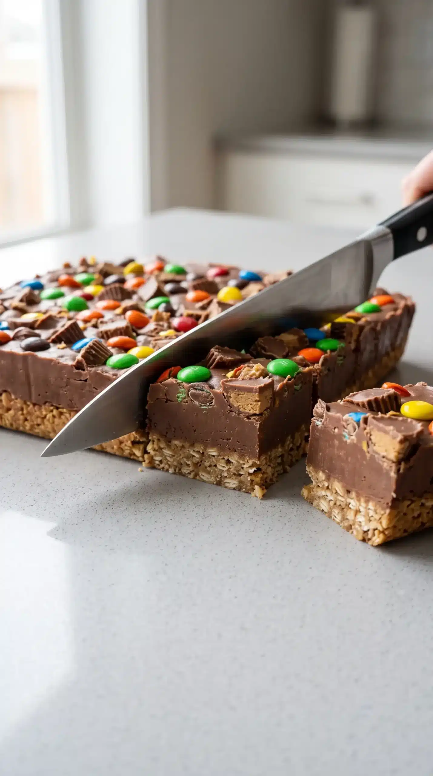 Professional food photography close-up of cooled candy fudge bars being sliced into neat squares on a clean neutral surface, focusing on the moment after the chocolate center has firmed and the layers hold together. Show one primary bar section with a visible chewy oatmeal layer, dense fudge middle, and candy-studded top with M&M's and chopped Reese's Peanut Butter Cups. Include a simple knife nearby as part of the cutting moment. Natural window lighting, realistic homemade dessert texture, centered composition, minimal props, no wooden board, no extra plated portions, no dramatic styling.