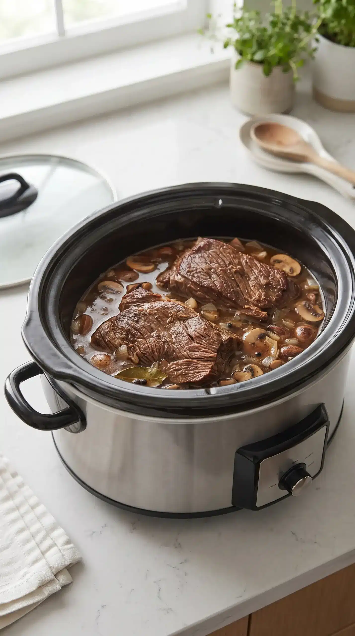 Seasoned chuck roast pieces slow cooking in a slow cooker for beef stroganoff