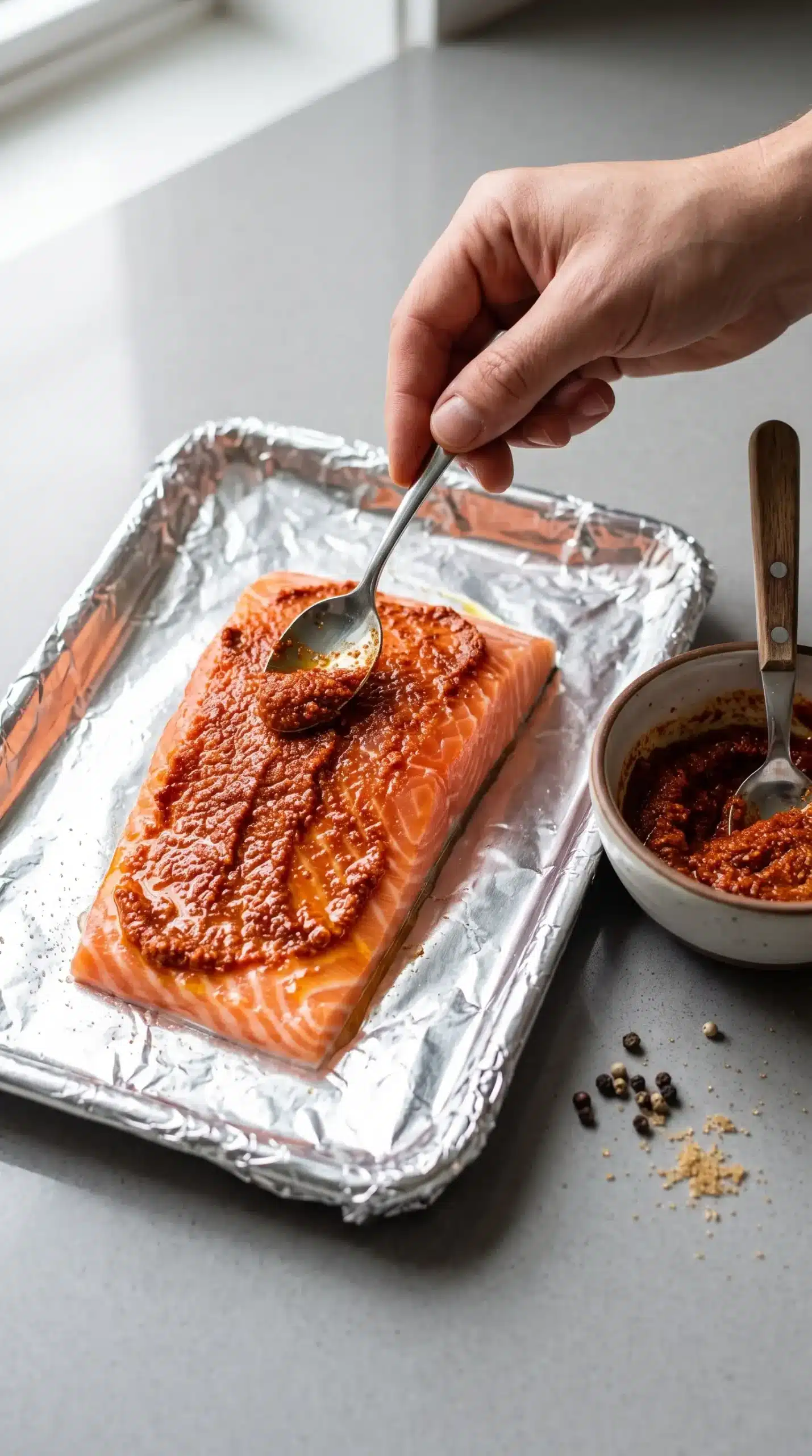 Raw salmon fillet coated with smoked paprika seasoning paste before baking