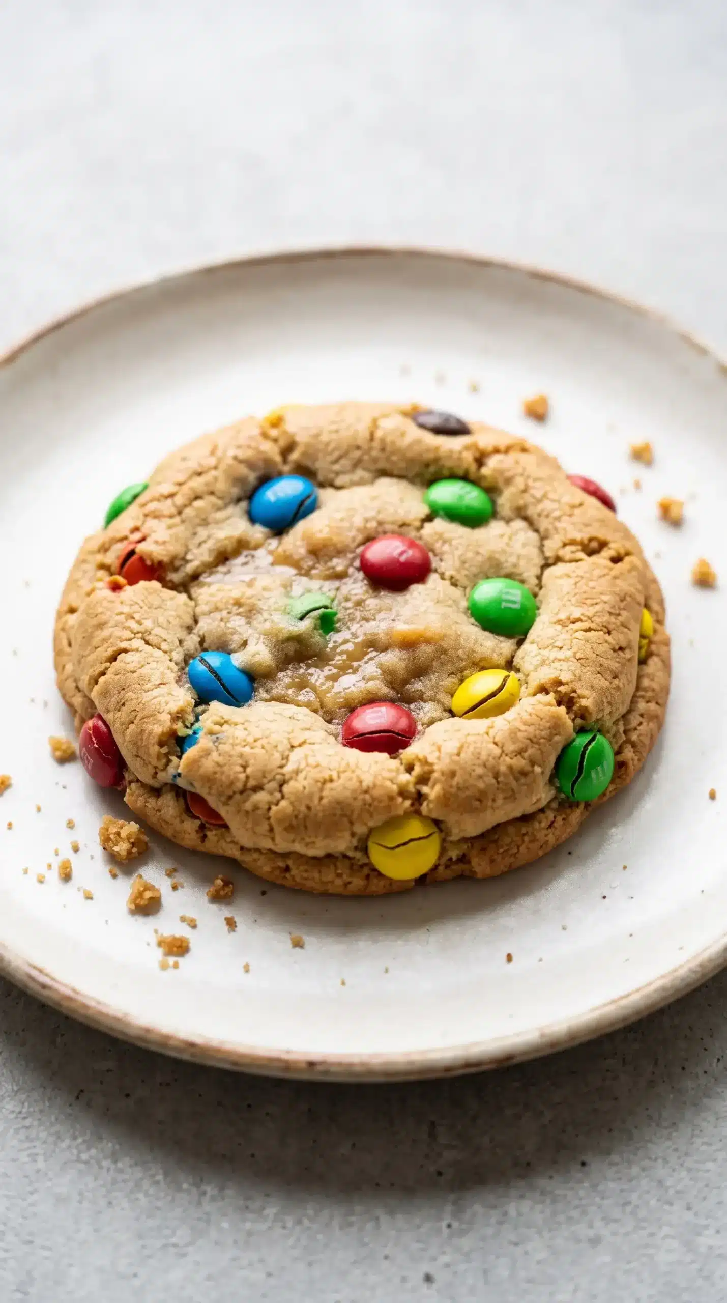 Thick homemade M&M cookie showing a soft center and colorful candy pieces