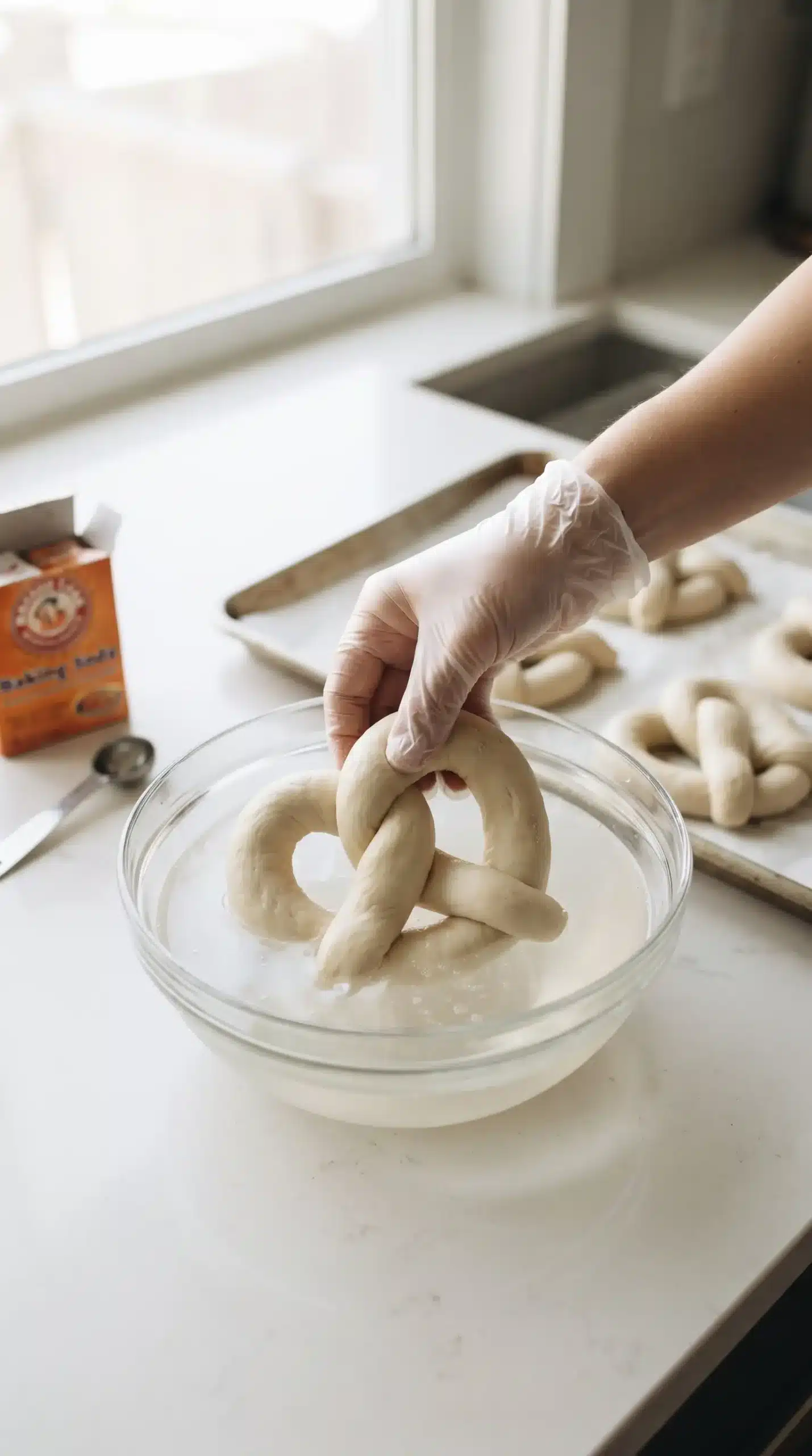Shaped soft pretzel dipped in a baking soda bath before baking