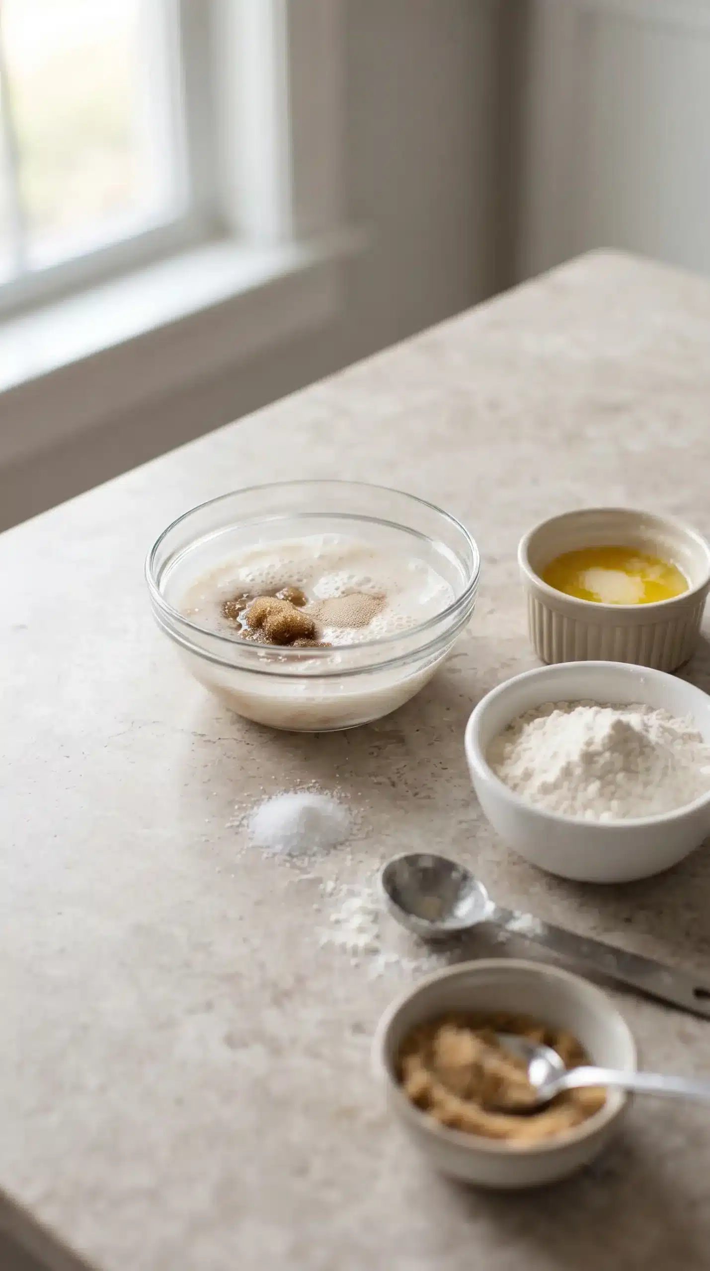 Warm milk, yeast, sugar, butter, salt, and flour prepared for soft pretzel dough