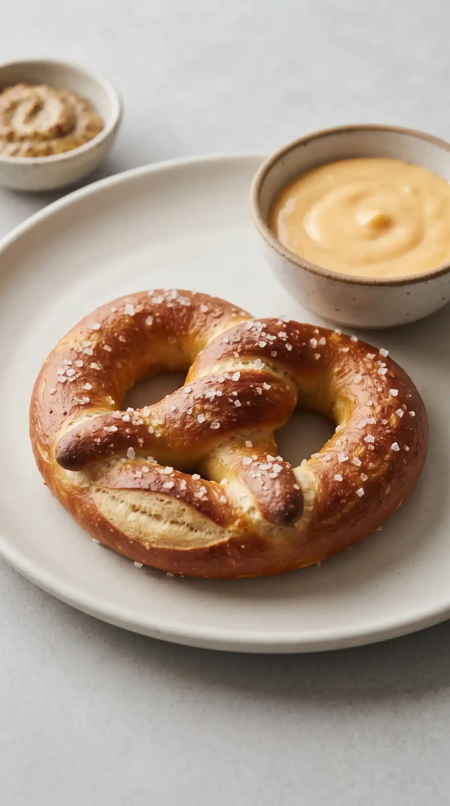 Soft pretzel served with cheese sauce and mustard dipping bowls