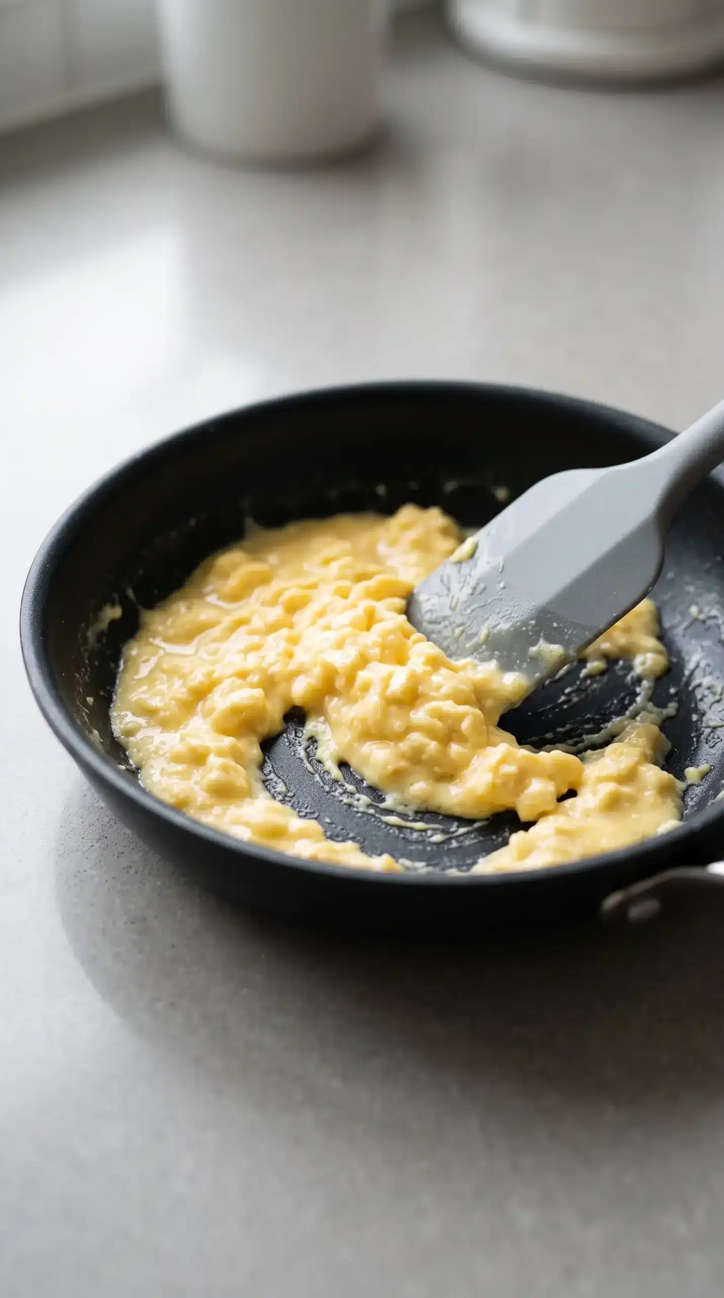 Soft scrambled eggs cooking in a skillet for a breakfast sandwich
