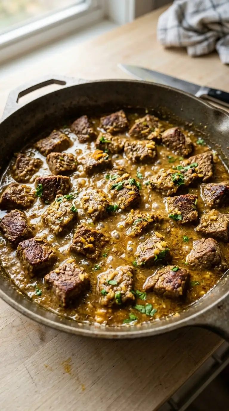 Beef cubes simmering in a golden yogurt and spice sauce for biryani