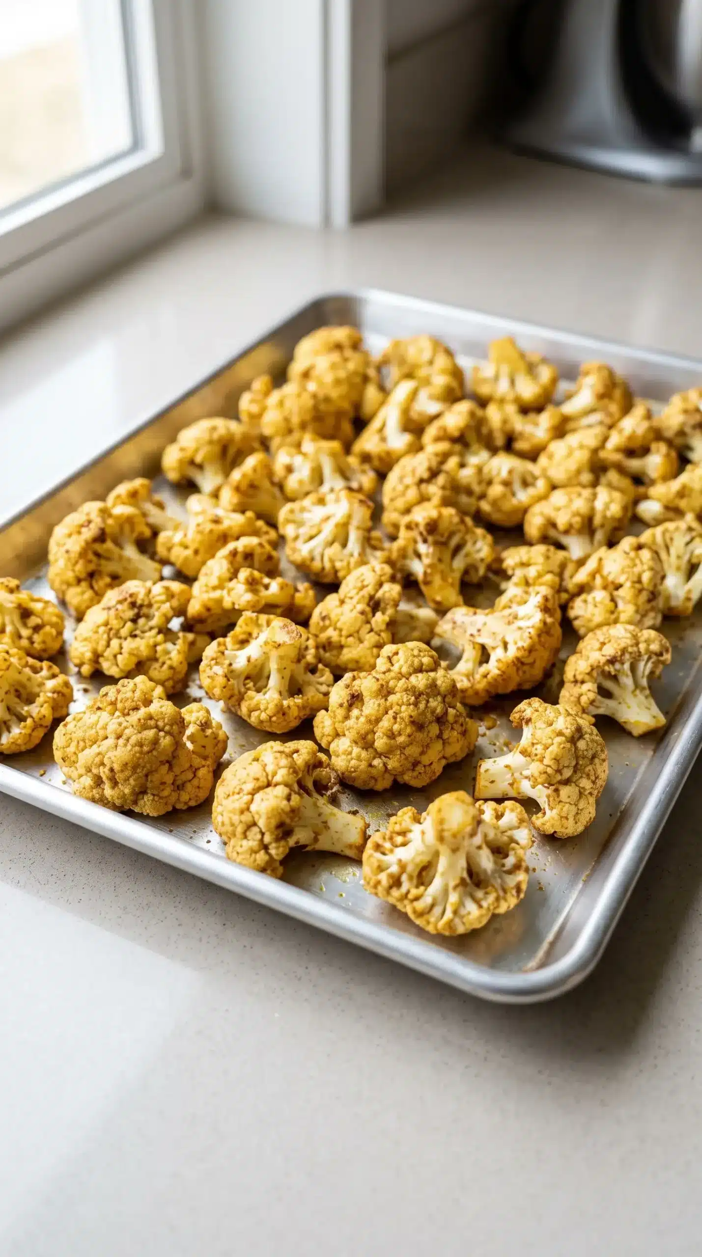 Spiced cauliflower florets coated with curry seasonings on a roasting tray