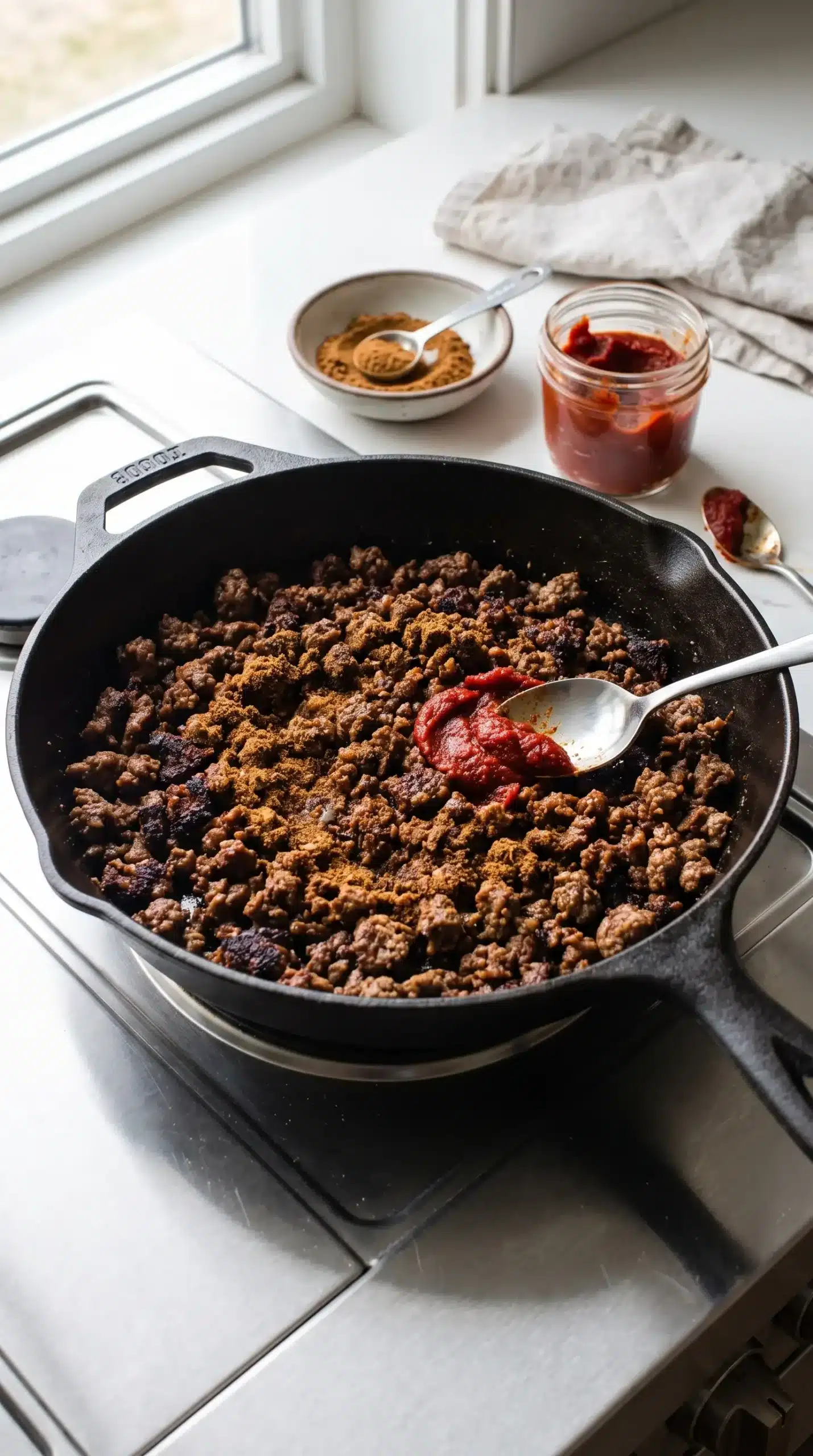 Skillet of browned ground beef with garam masala and tomato paste for carrot soup topping
