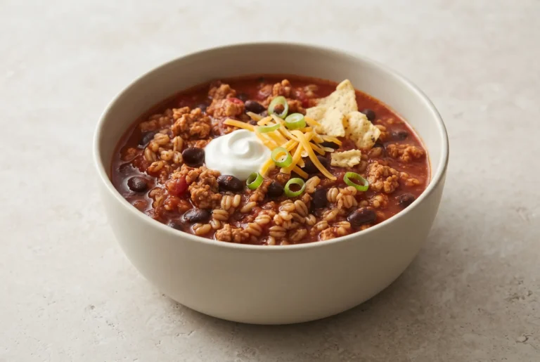 Turkey chili with farro and beans topped with sour cream, cheese, green onions, and tortilla chips