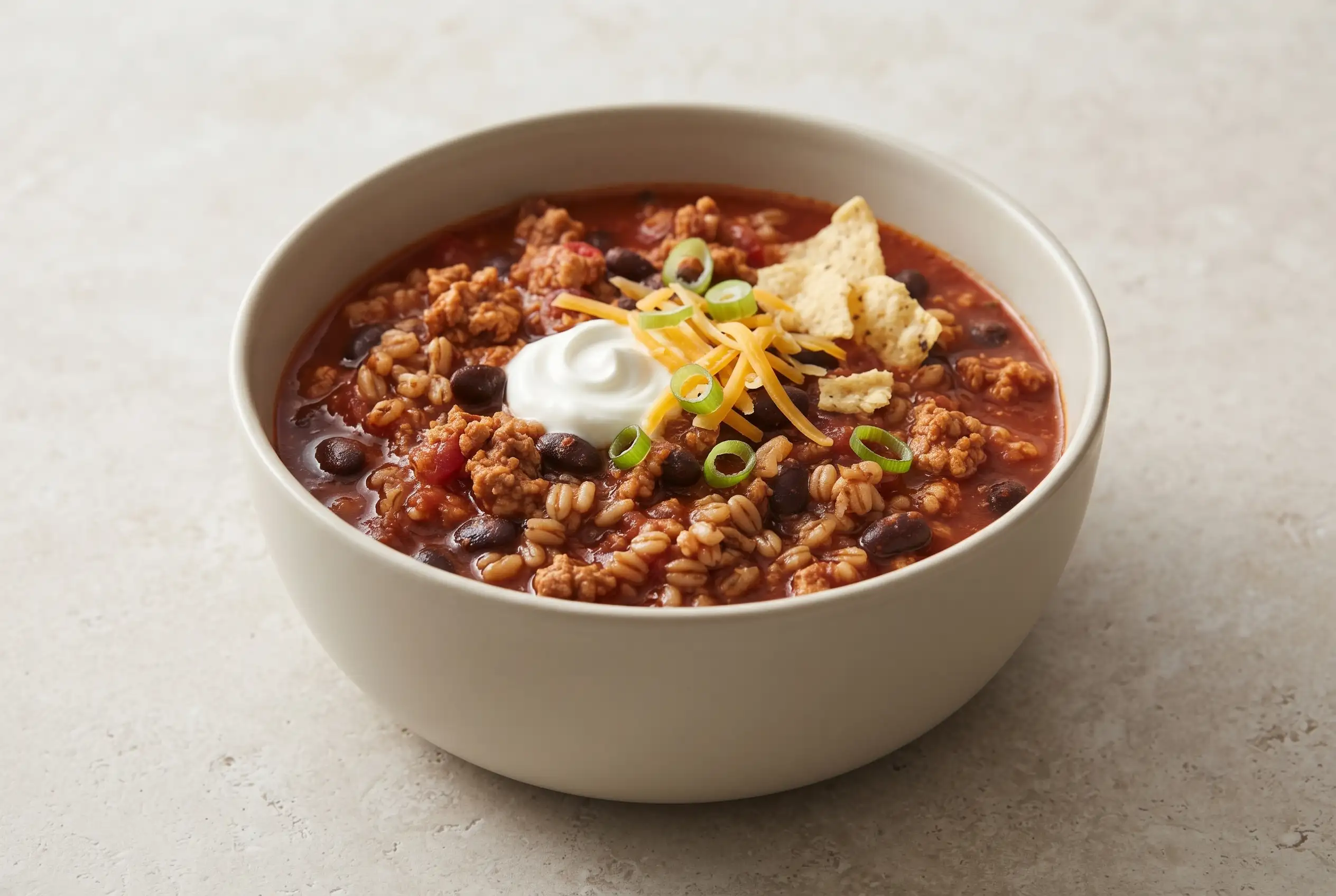 Turkey chili with farro and beans topped with sour cream, cheese, green onions, and tortilla chips
