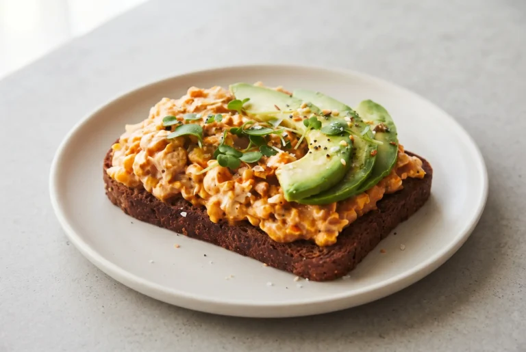 Spicy chickpea salad toast topped with avocado, greens, and everything bagel seasoning
